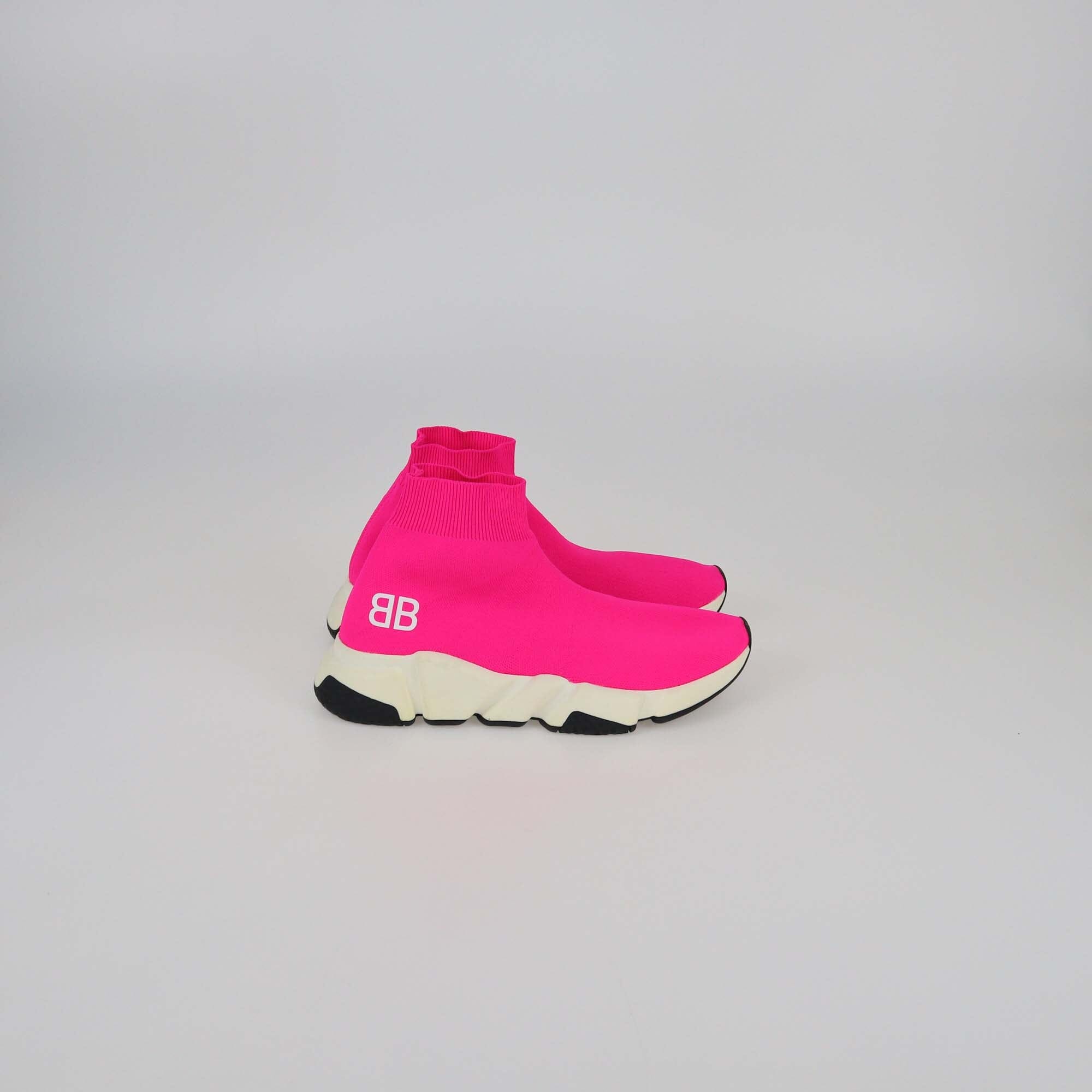 Balenciaga Neon Pink Knit Fabric Speed Trainer BB Sneakers Womens Balenciaga 