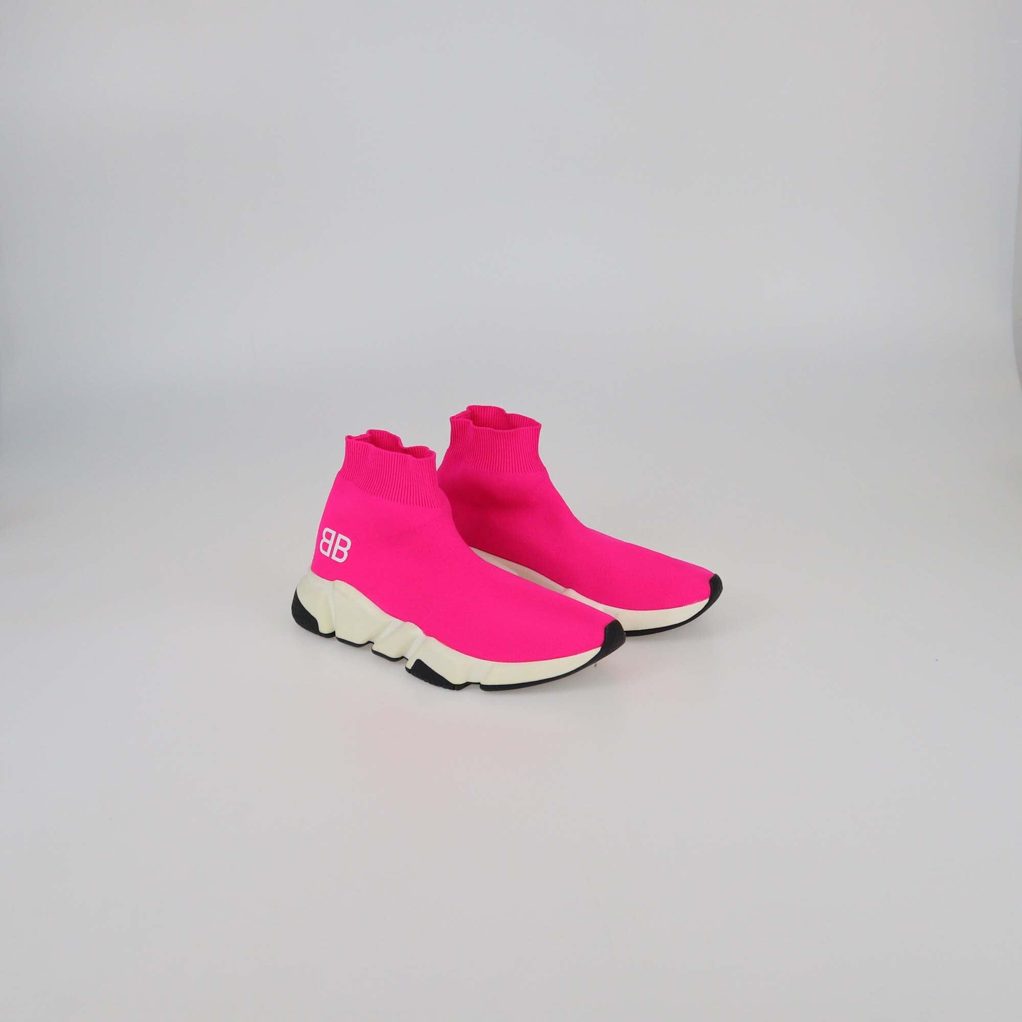 Balenciaga Neon Pink Knit Fabric Speed Trainer BB Sneakers Womens Balenciaga 