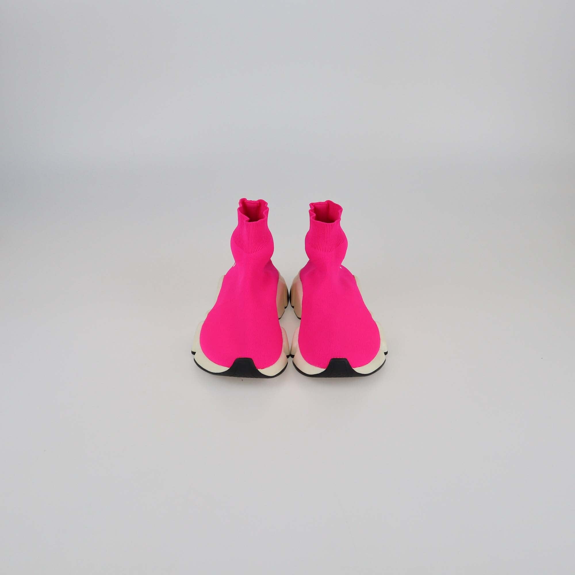 Balenciaga Neon Pink Knit Fabric Speed Trainer BB Sneakers Womens Balenciaga 