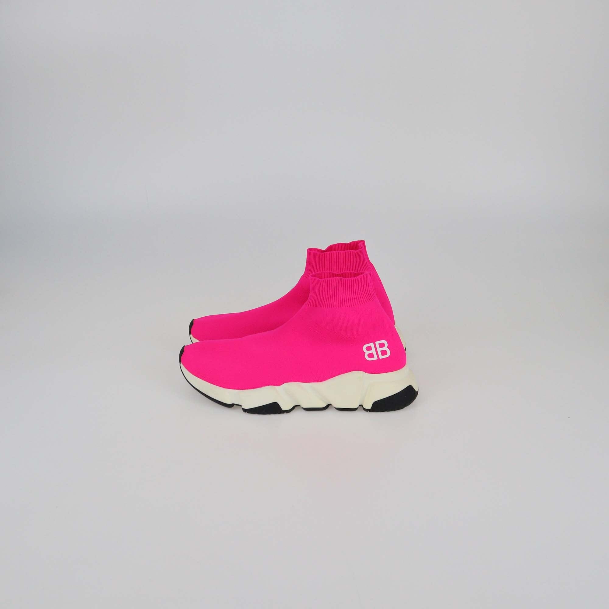 Balenciaga Neon Pink Knit Fabric Speed Trainer BB Sneakers Womens Balenciaga 
