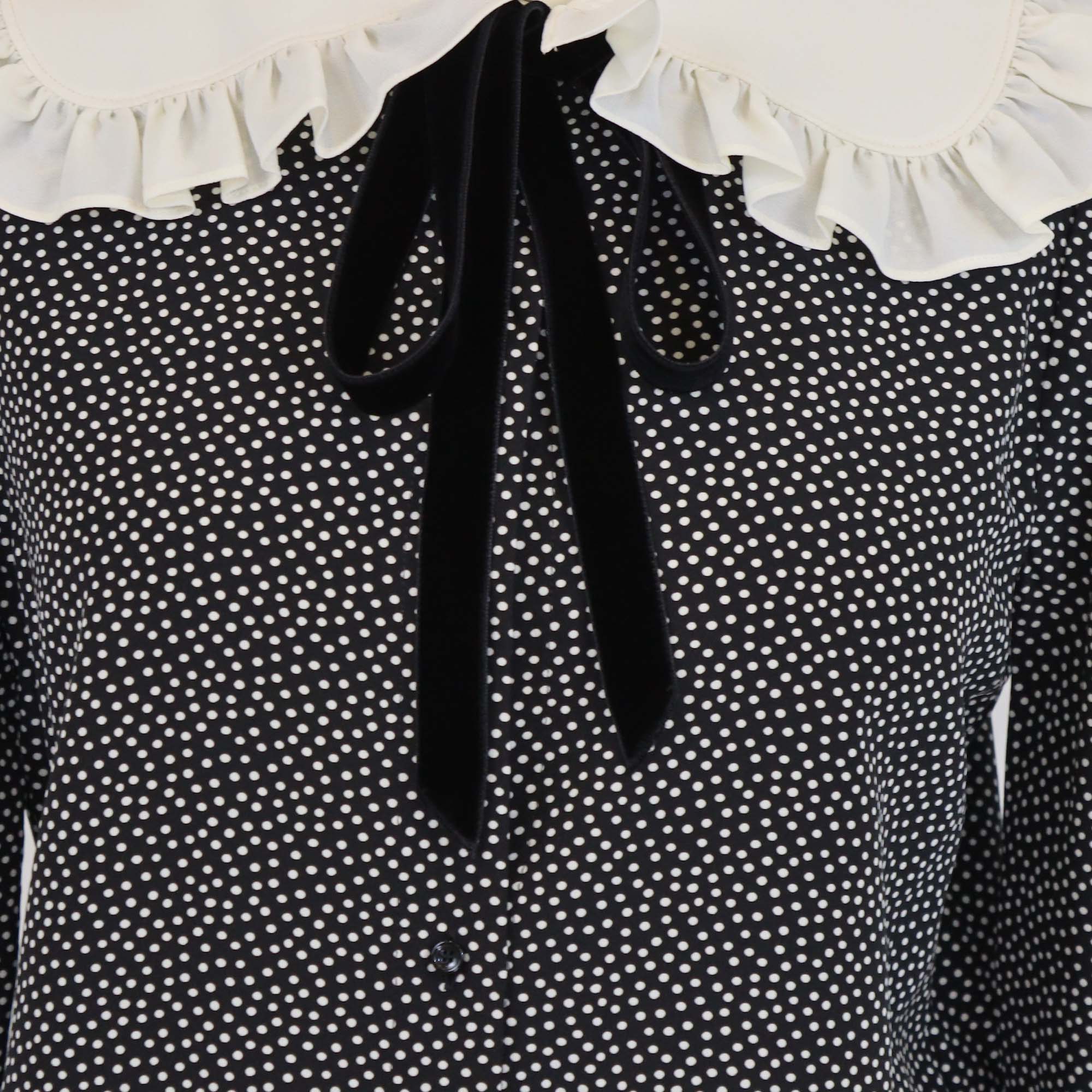 Saint Laurent Black Polka Dot Peter Pan Collar Velvet Bow Blouse