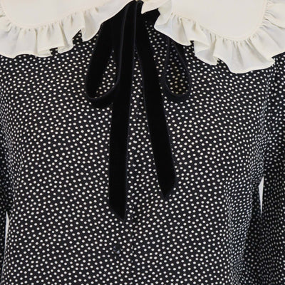 Saint Laurent Black Polka Dot Peter Pan Collar Velvet Bow Blouse