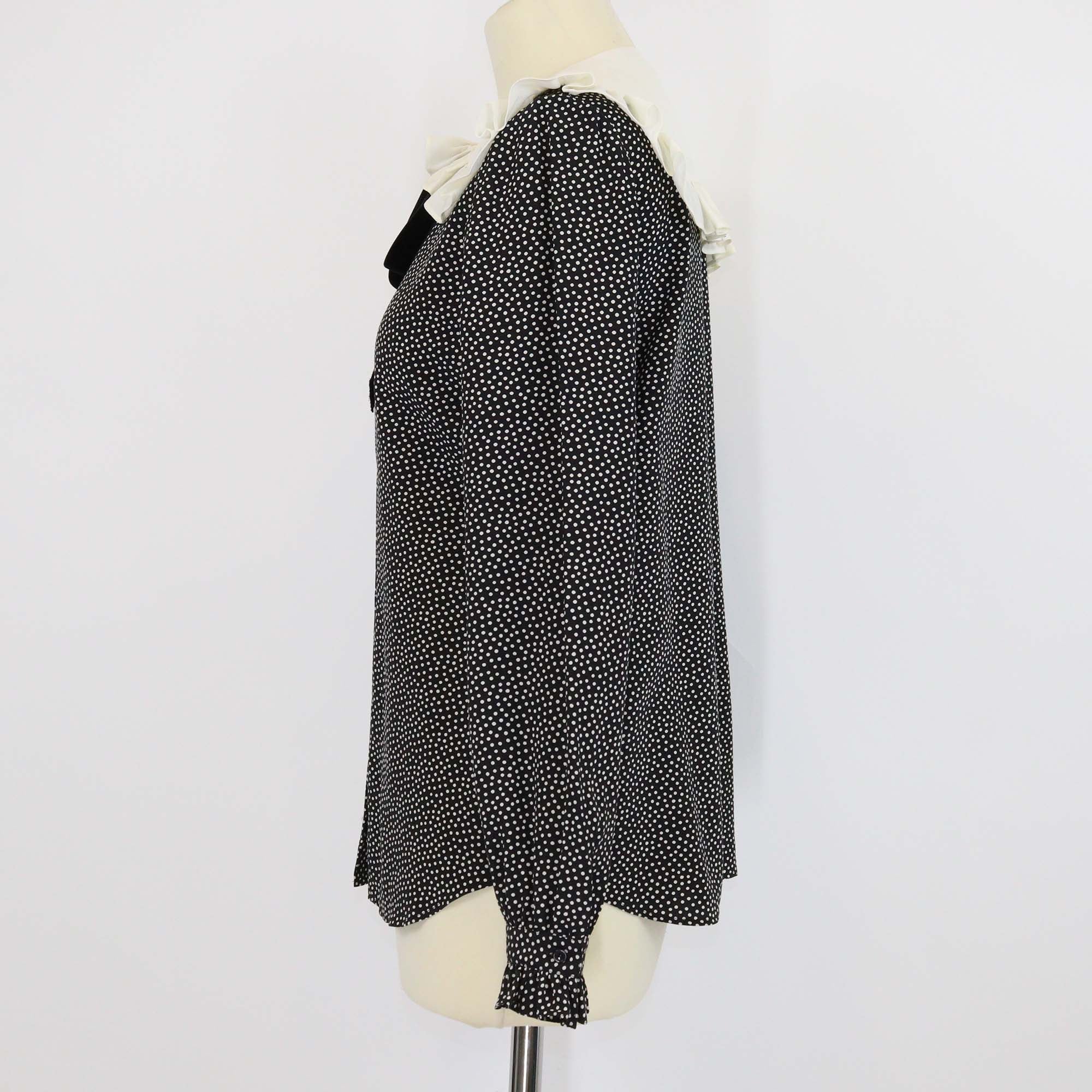 Saint Laurent Black Polka Dot Peter Pan Collar Velvet Bow Blouse