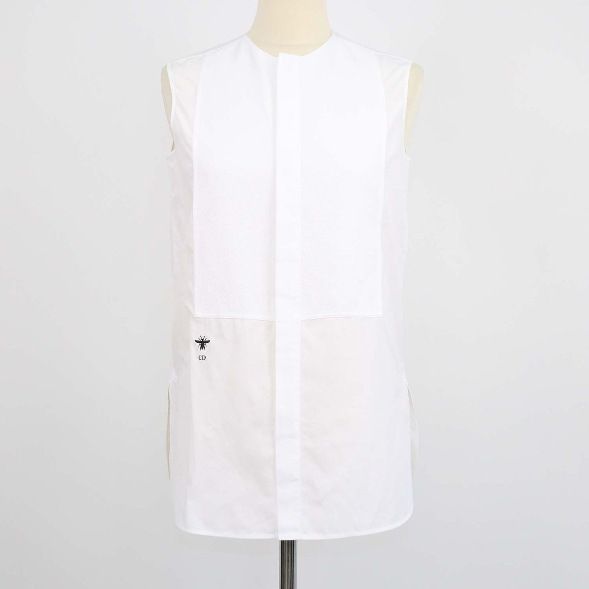 Christian Dior White Cotton Bee Embroidered Button Up Sleeveless Top