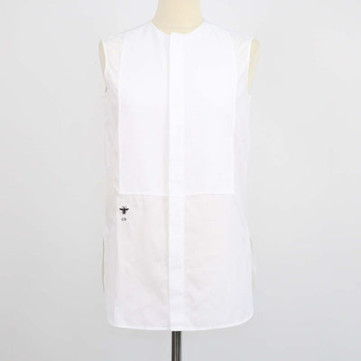 Christian Dior White Cotton Bee Embroidered Button Up Sleeveless Top