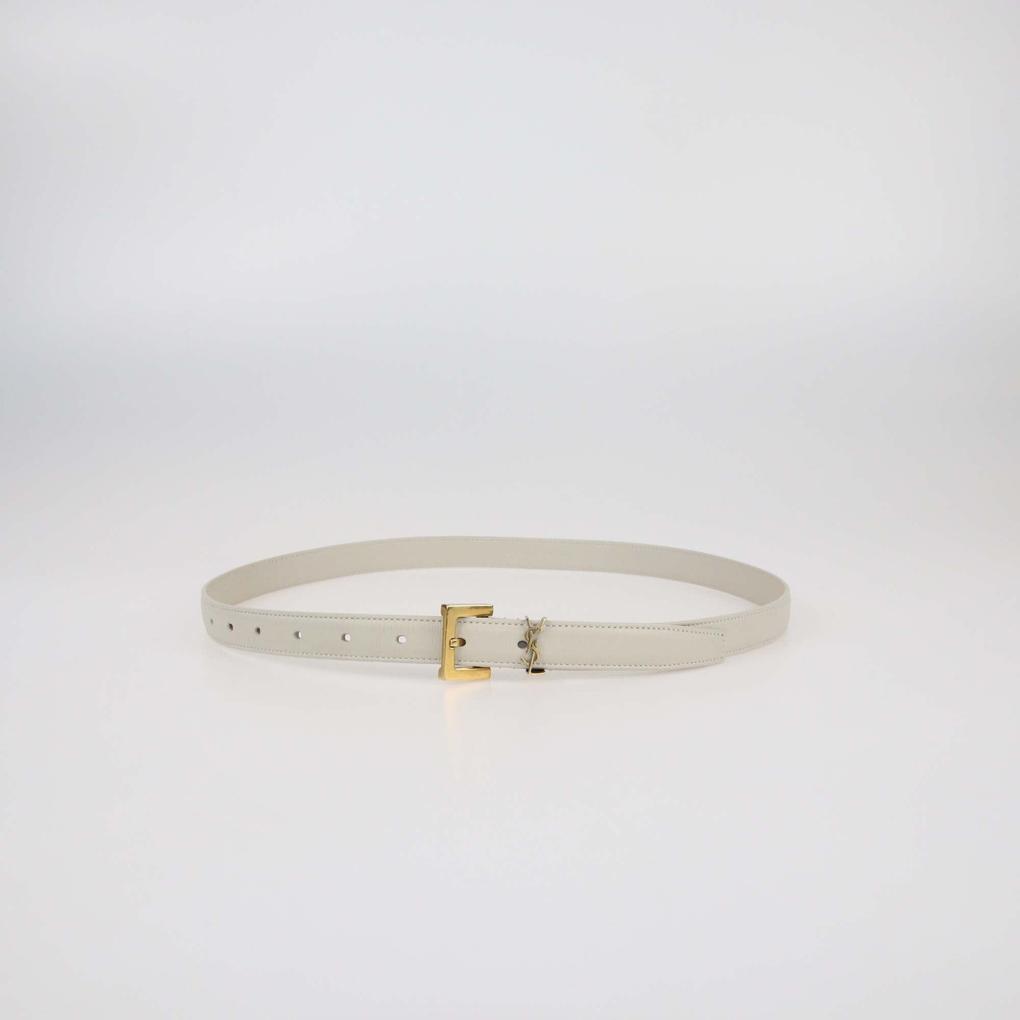 Saint Laurent Off White Leather Cassandre Thin Belt Womens Saint Laurent 