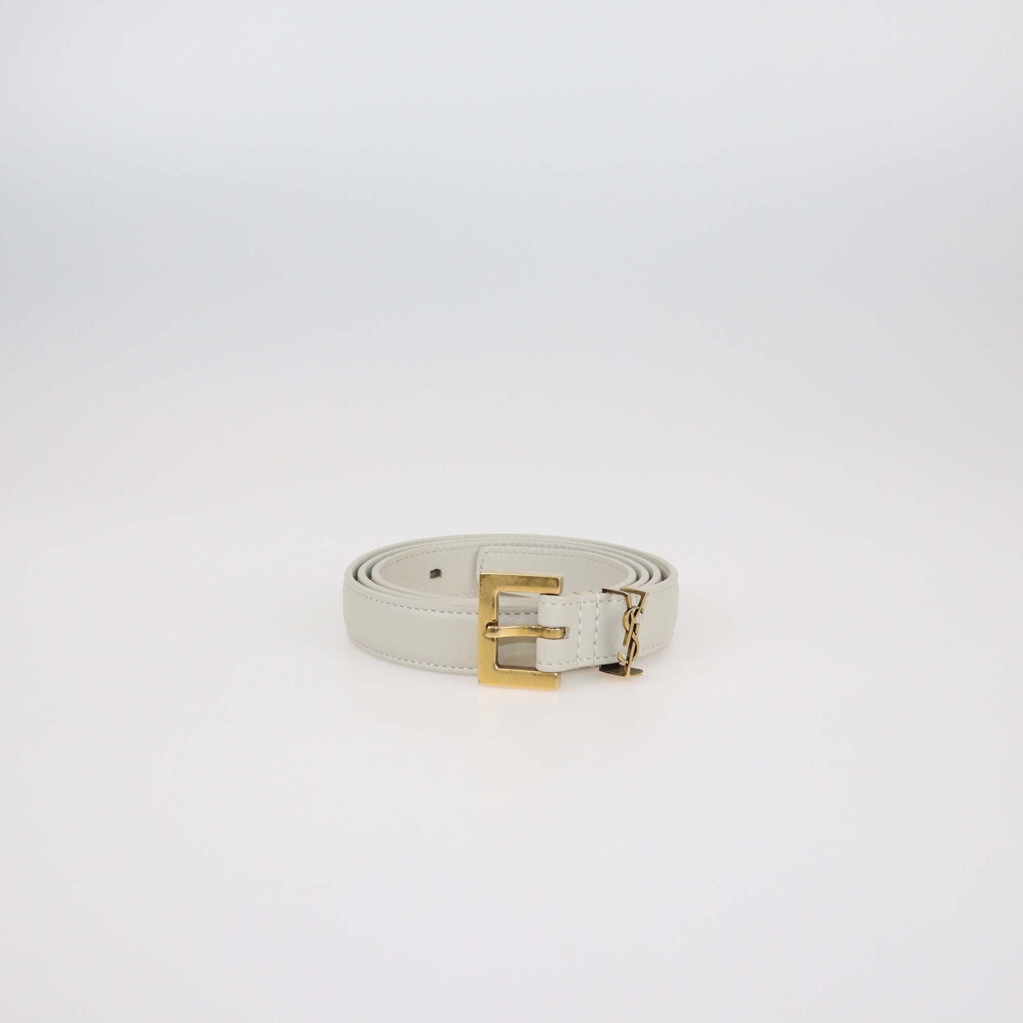 Saint Laurent Off White Leather Cassandre Thin Belt Womens Saint Laurent 