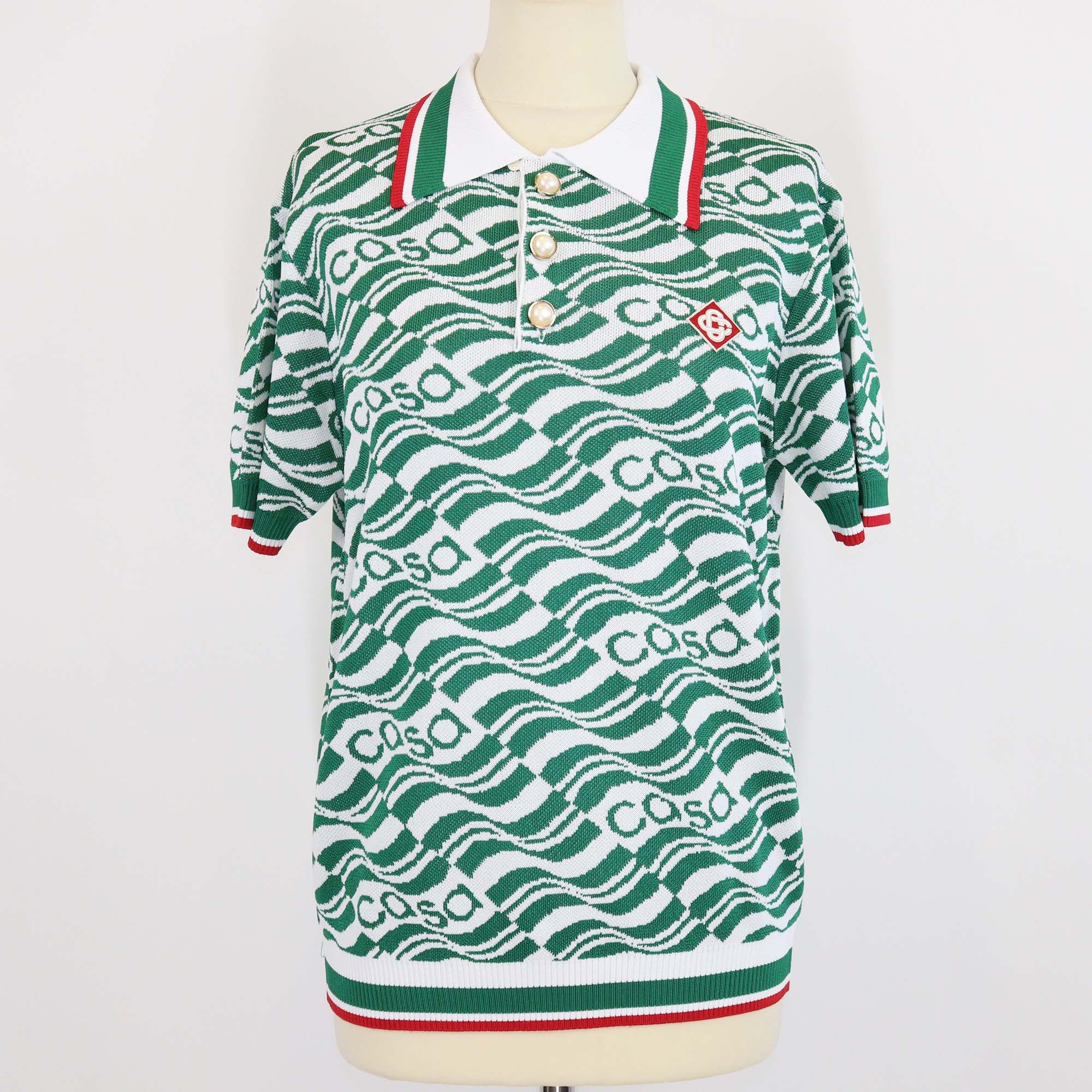 Casablanca Green/White Viscose Flying Flag Knitted Polo Shirt