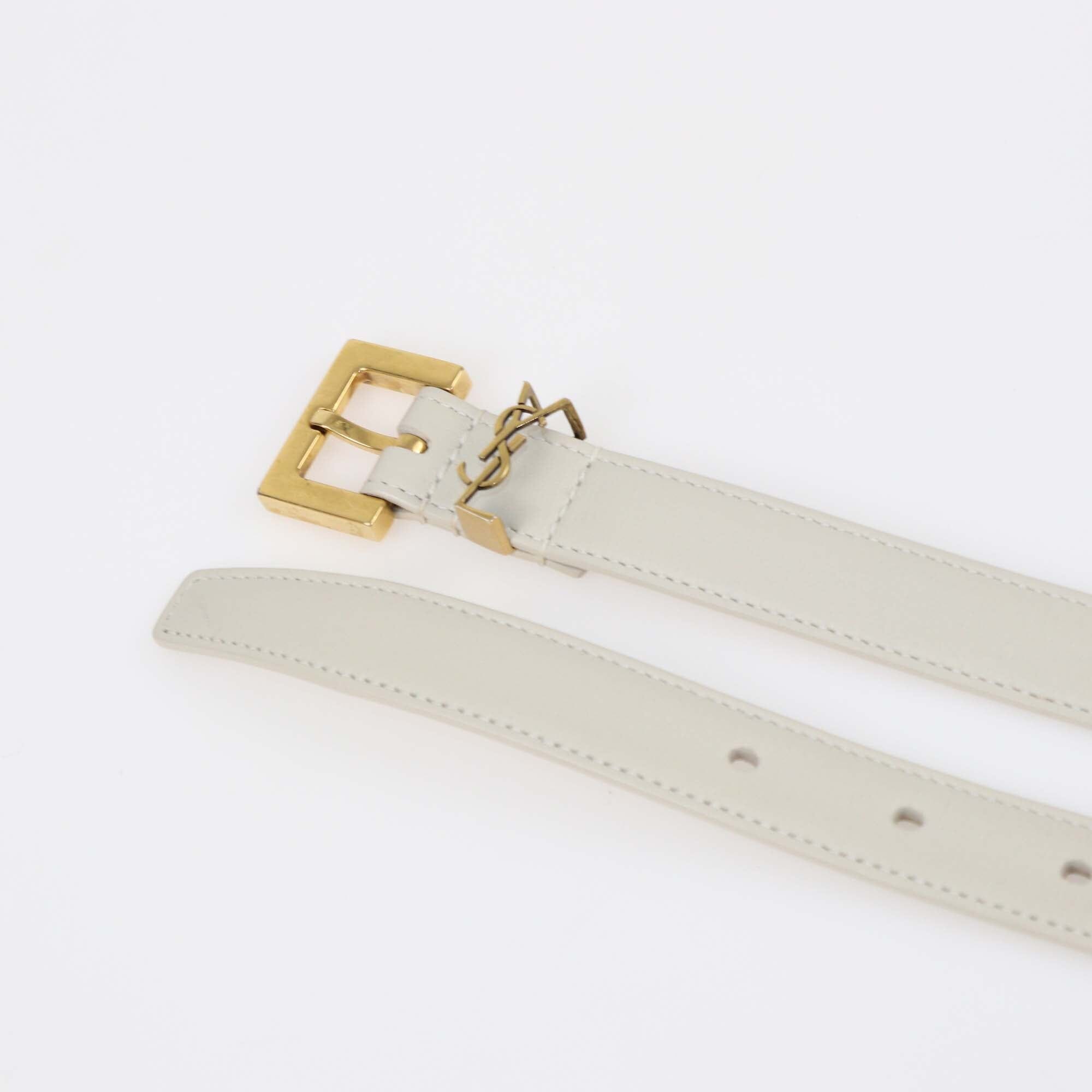 Saint Laurent Off White Leather Cassandre Thin Belt Womens Saint Laurent 