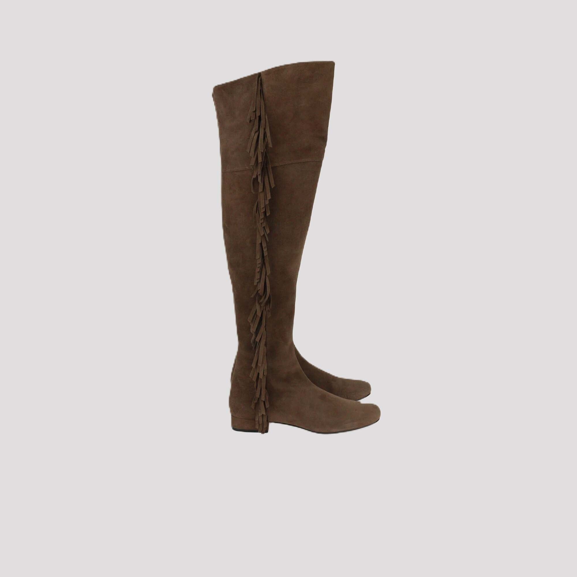 Saint Laurent Brown Suede Fringe Over The Knee boots Womens Saint Laurent 