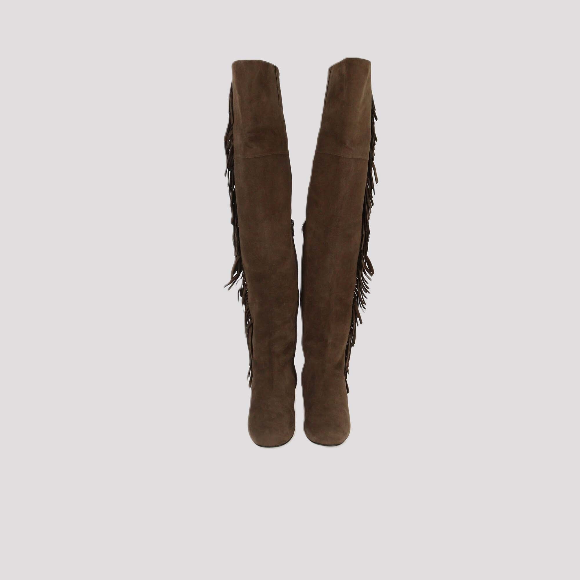Saint Laurent Brown Suede Fringe Over The Knee boots Womens Saint Laurent 