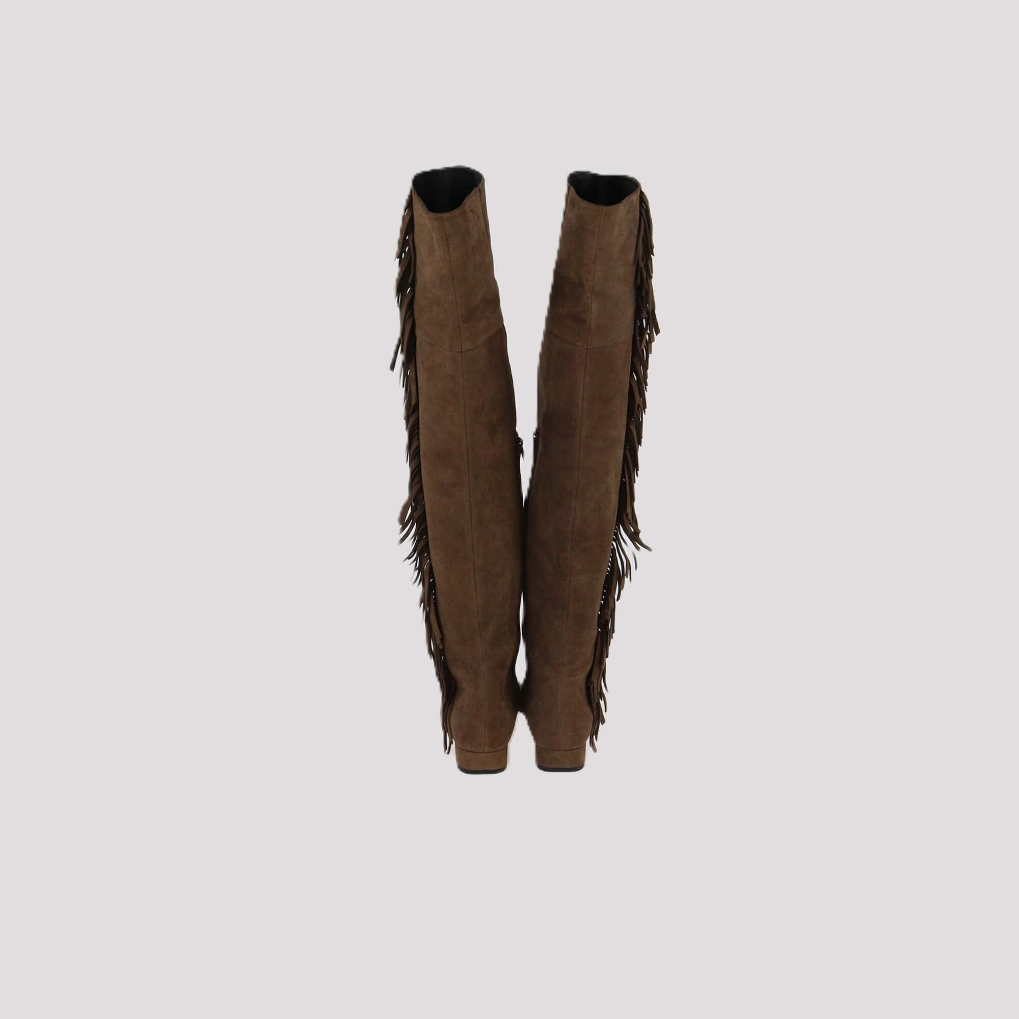 Saint Laurent Brown Suede Fringe Over The Knee boots Womens Saint Laurent 