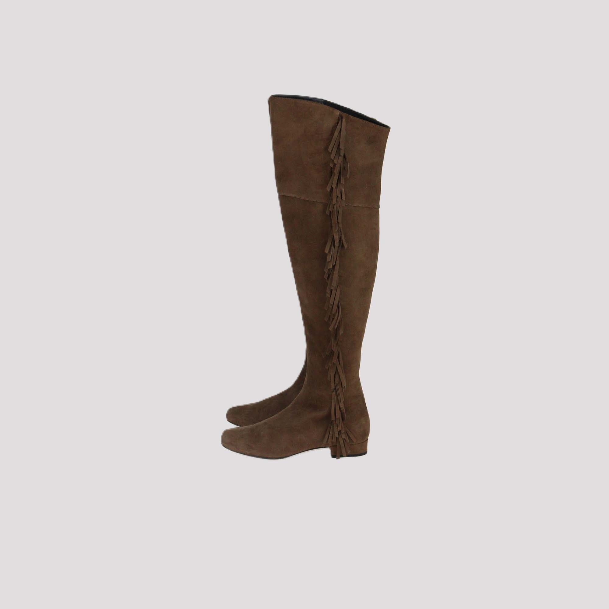 Saint Laurent Brown Suede Fringe Over The Knee boots Womens Saint Laurent 