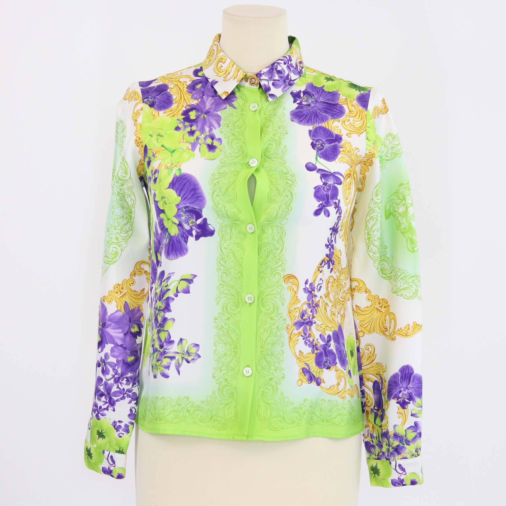 Versace Multicolor Silk Orchids Print Medusa Shirt Womens Versace 