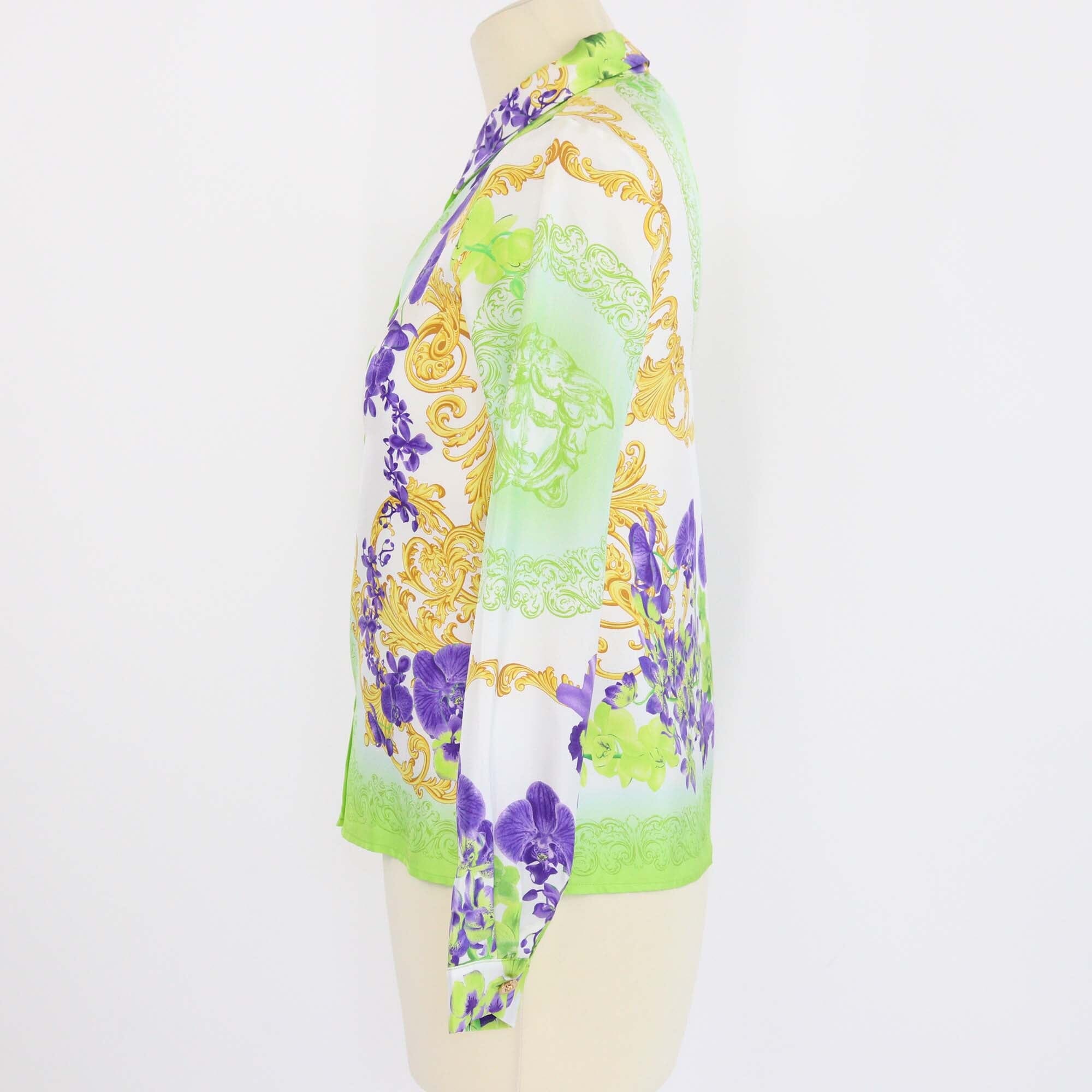 Versace Multicolor Silk Orchids Print Medusa Shirt Womens Versace 