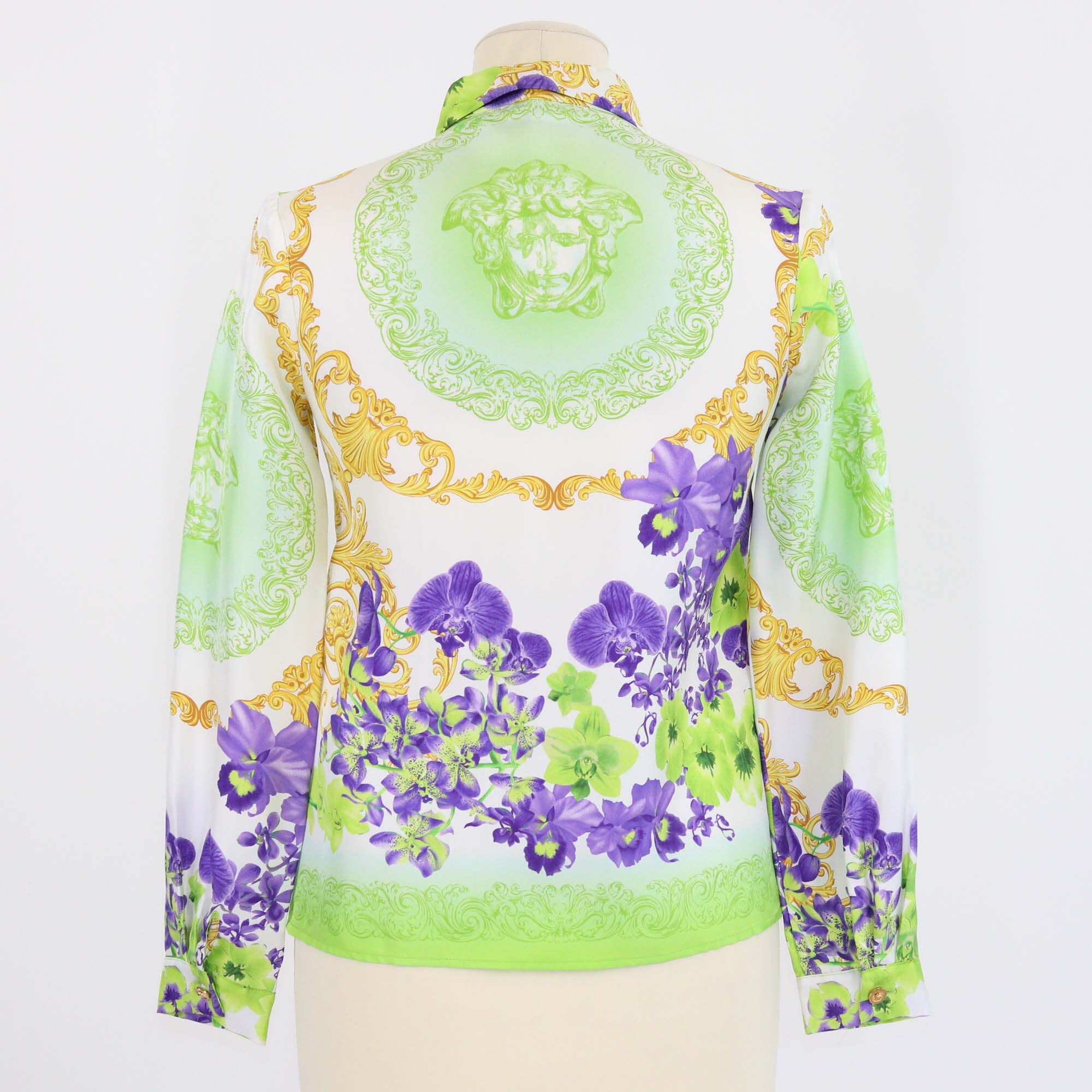 Versace Multicolor Silk Orchids Print Medusa Shirt Womens Versace 