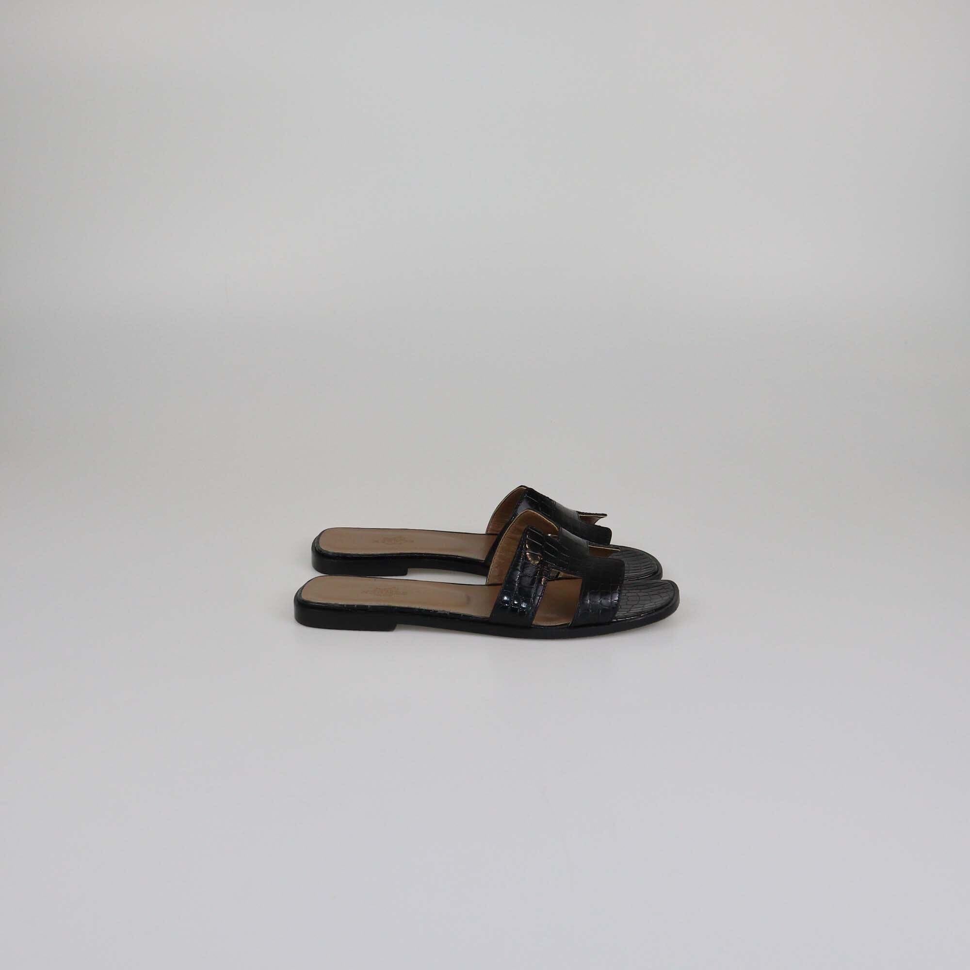 Hermes Black Shine Alligator Oran Flat Sandals Womens Hermes 