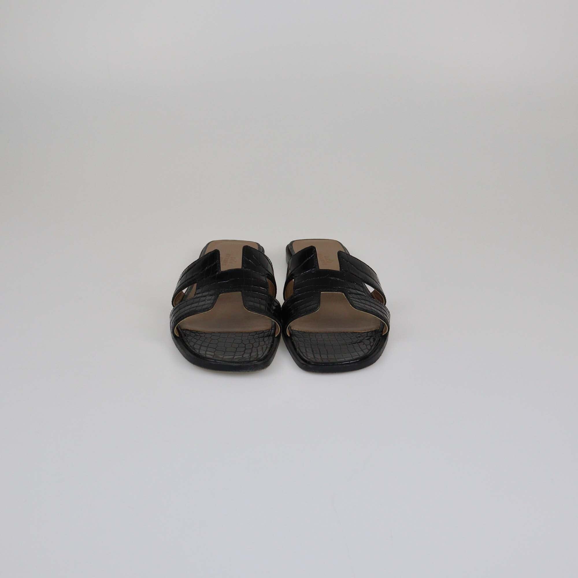 Hermes Black Shine Alligator Oran Flat Sandals Womens Hermes 