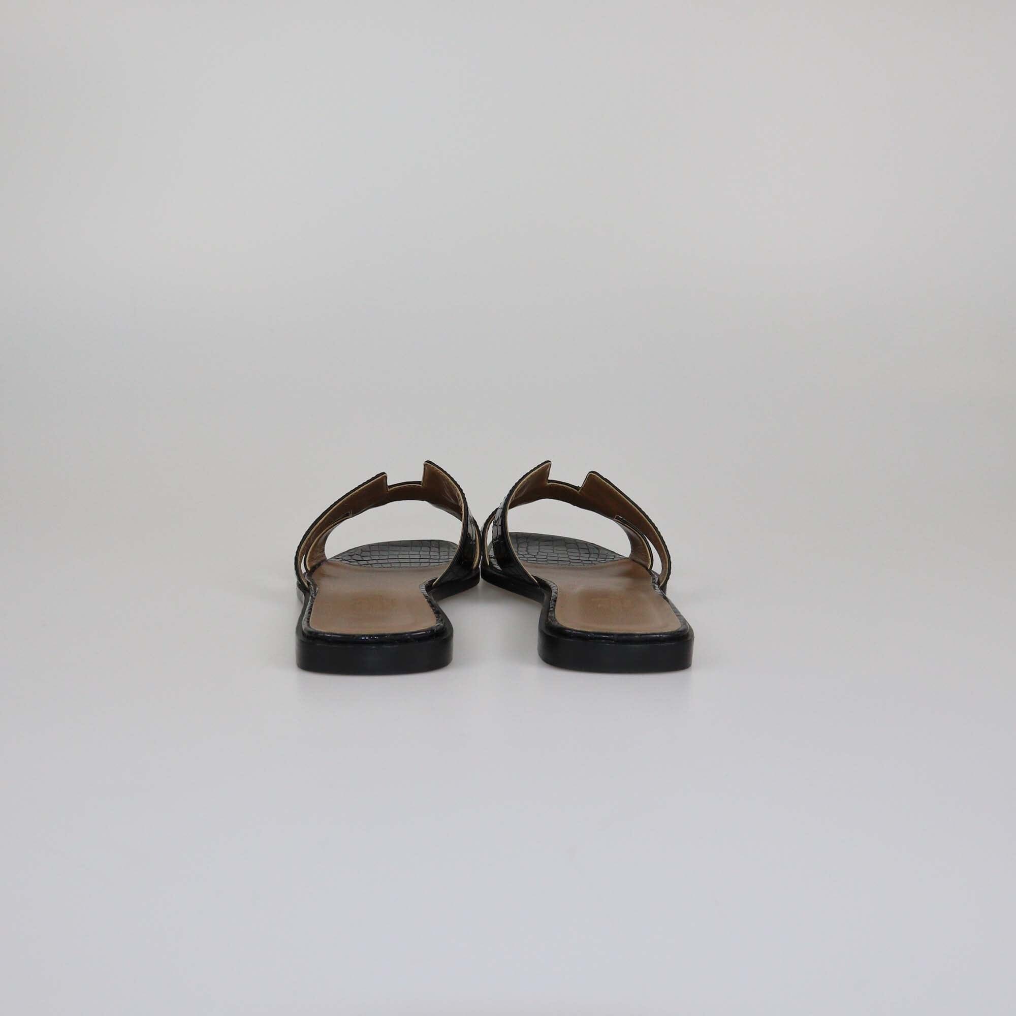 Hermes Black Shine Alligator Oran Flat Sandals Womens Hermes 