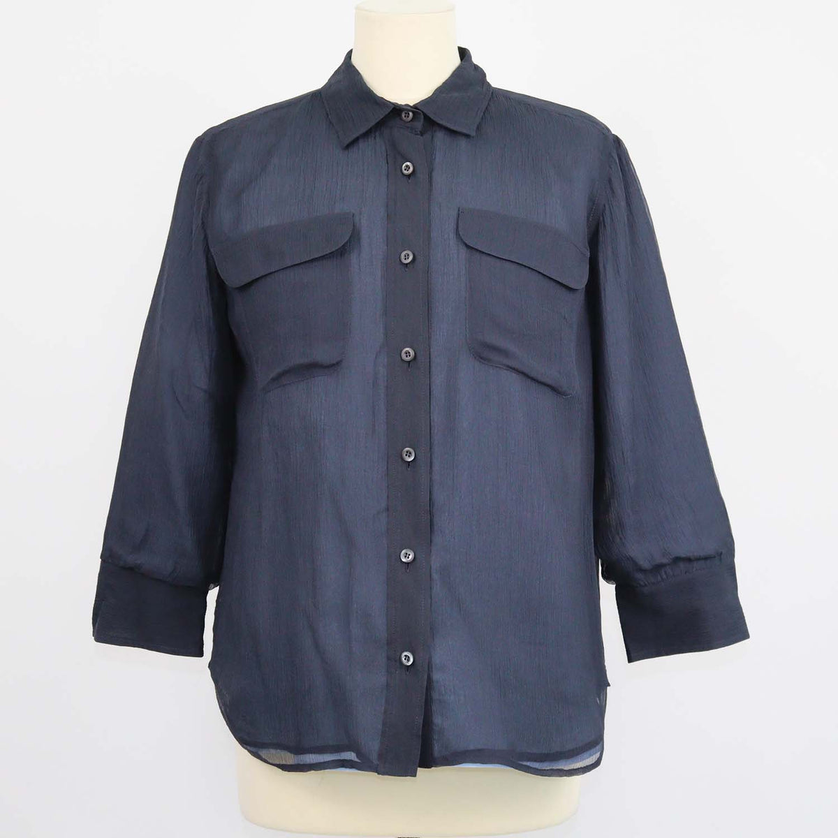 Prada Navy Silk Three Quarter Sleeve Chiffon Shirt