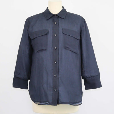 Prada Navy Silk Three Quarter Sleeve Chiffon Shirt
