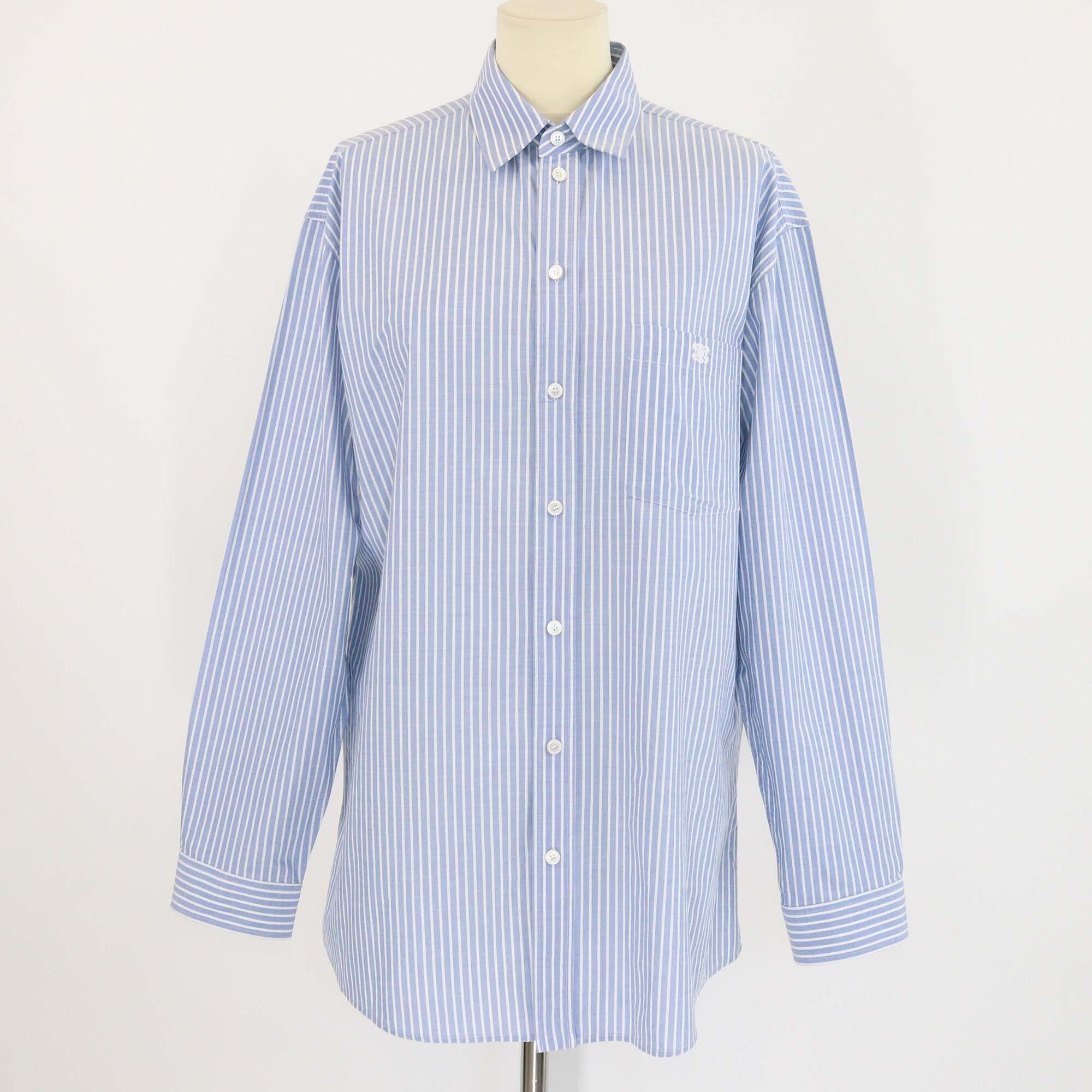 Celine Blue/White Striped Triomphe Pocket Embroidered Long Sleeve Shirt Womens Celine 