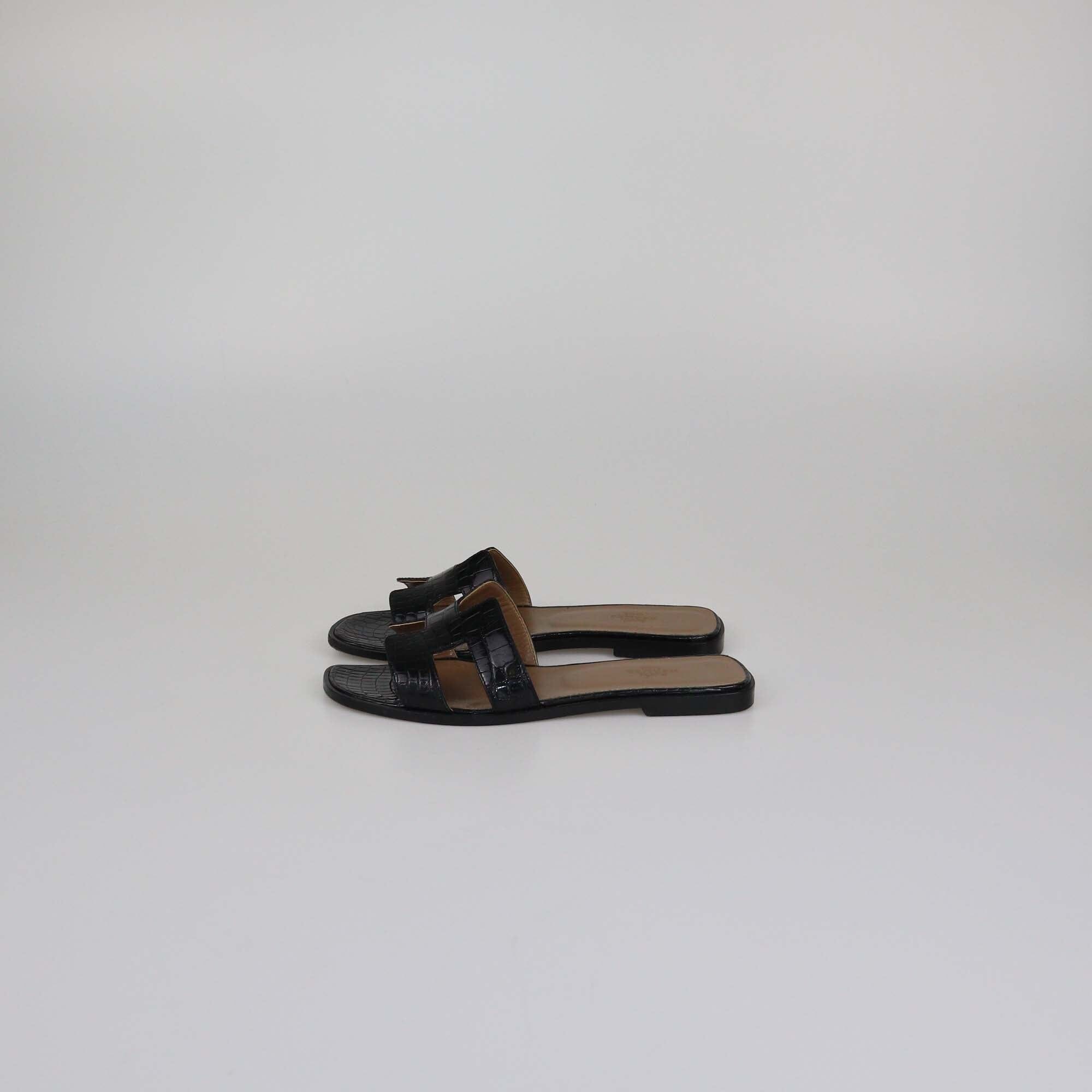 Hermes Black Shine Alligator Oran Flat Sandals Womens Hermes 