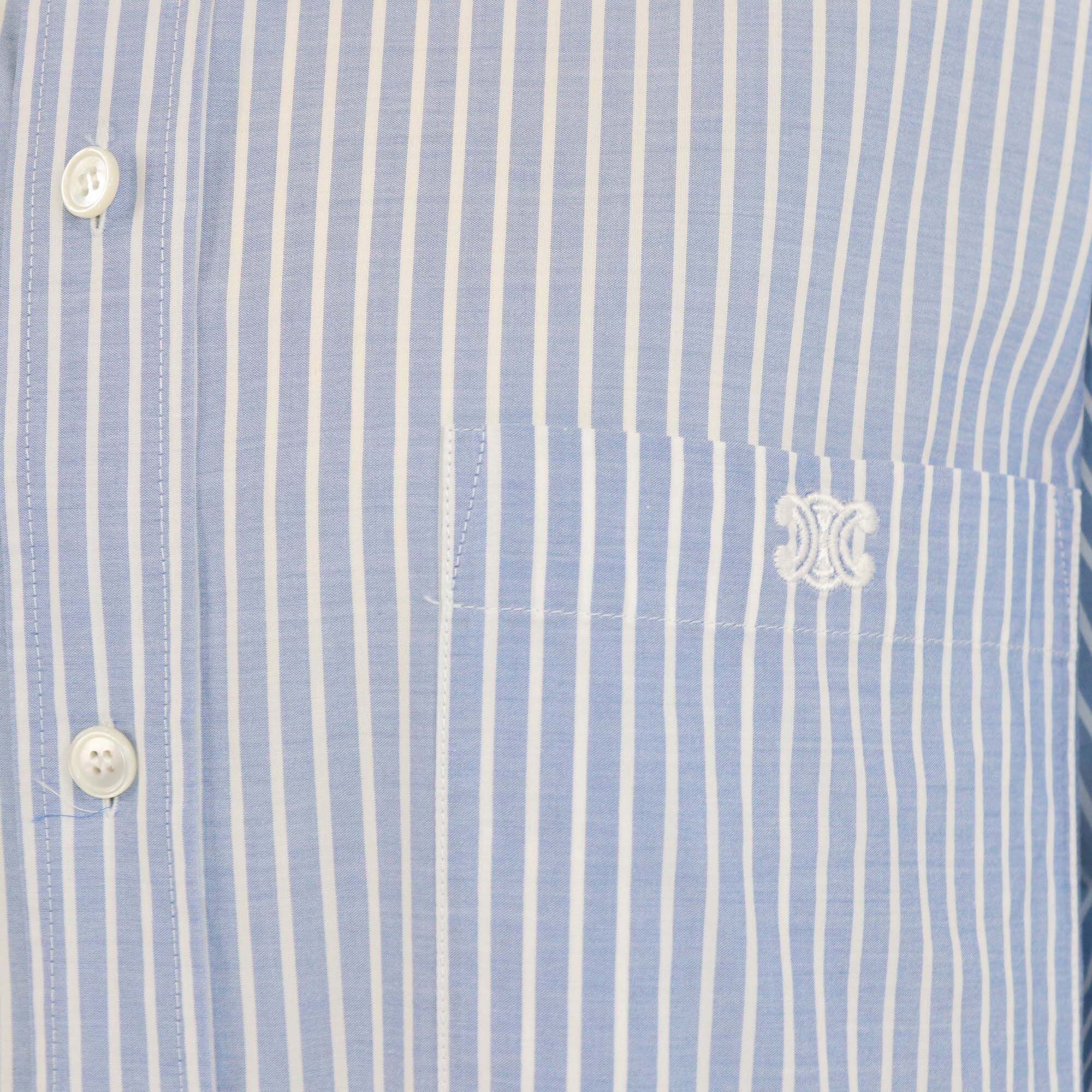 Celine Blue/White Striped Triomphe Pocket Embroidered Long Sleeve Shirt Womens Celine 