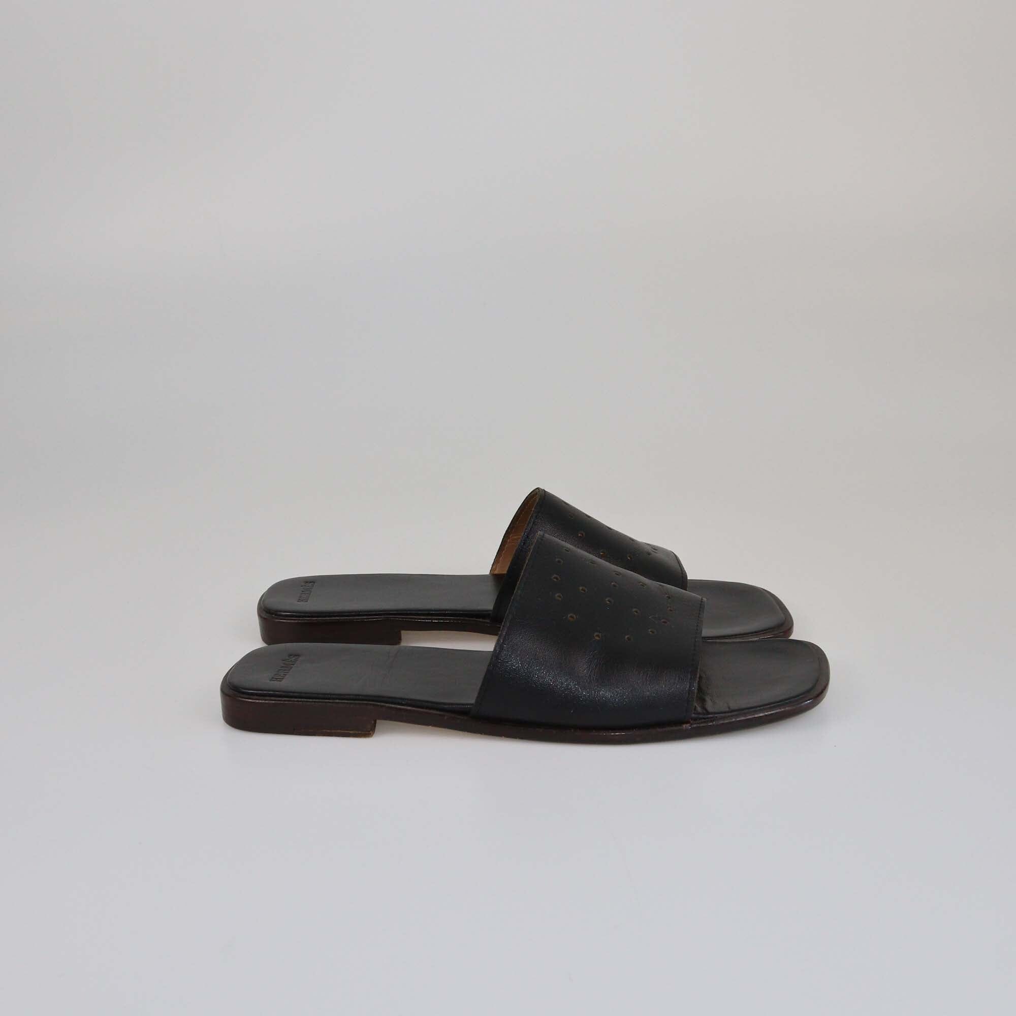 Hermes Black H Perforated Slides Mens Hermes 