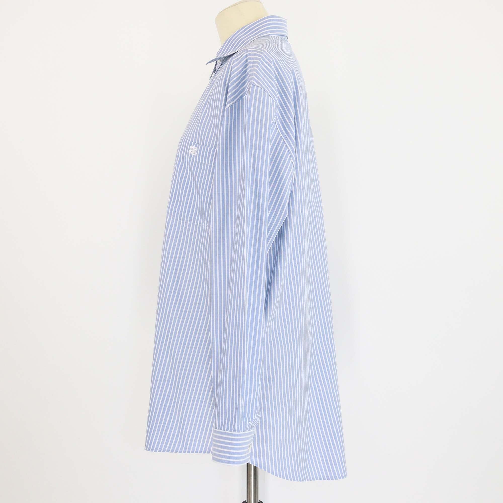 Celine Blue/White Striped Triomphe Pocket Embroidered Long Sleeve Shirt Womens Celine 