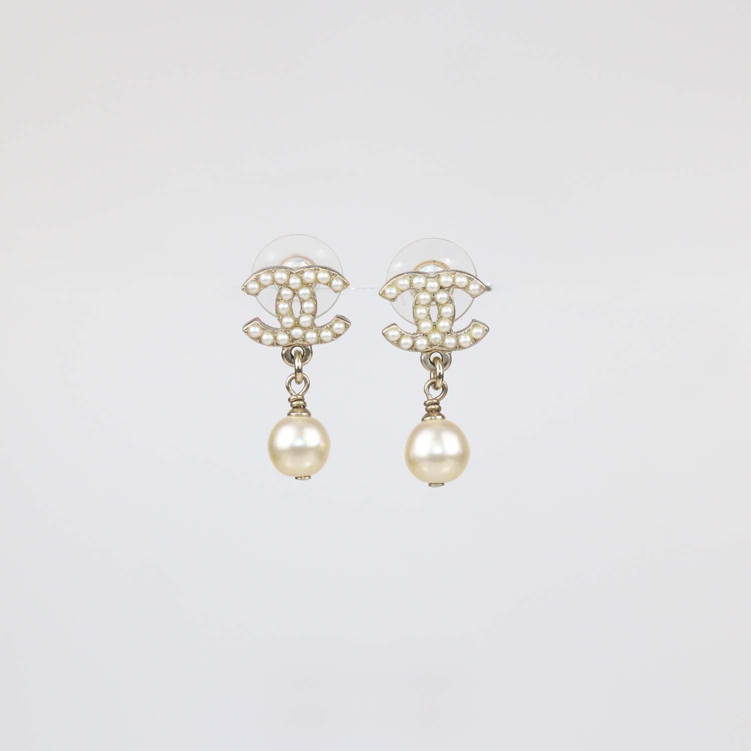 Chanel Gold Tone Faux Pearl CC Drop Earrings