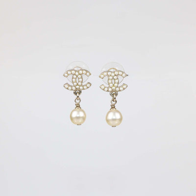 Chanel Gold Tone Faux Pearl CC Drop Earrings