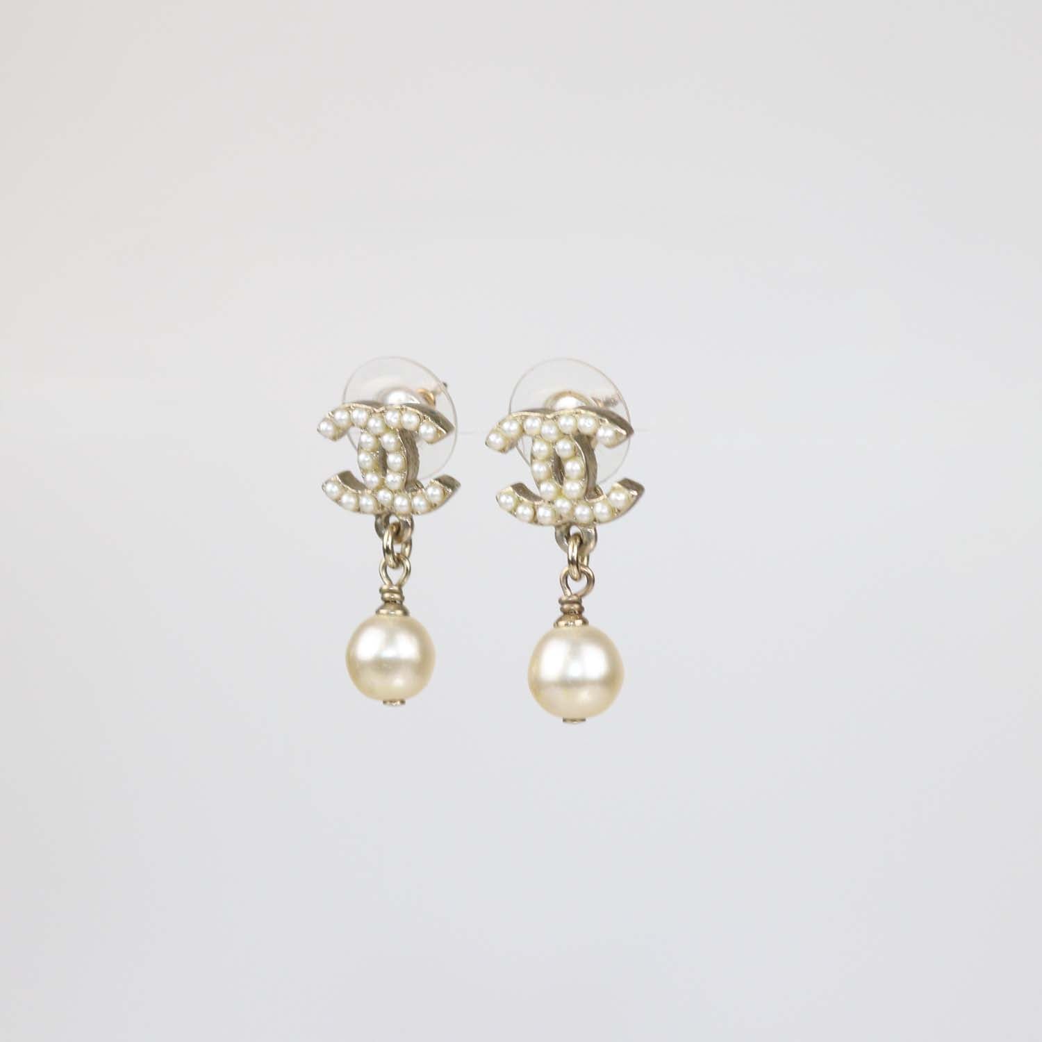 Chanel Gold Tone Faux Pearl CC Drop Earrings