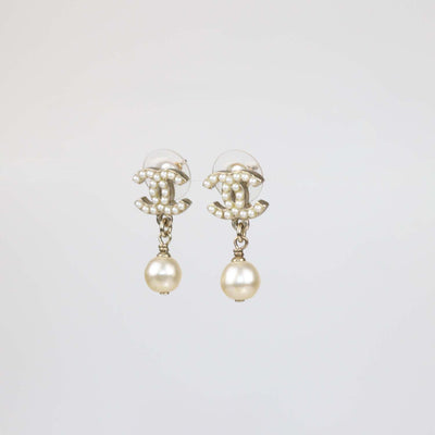Chanel Gold Tone Faux Pearl CC Drop Earrings