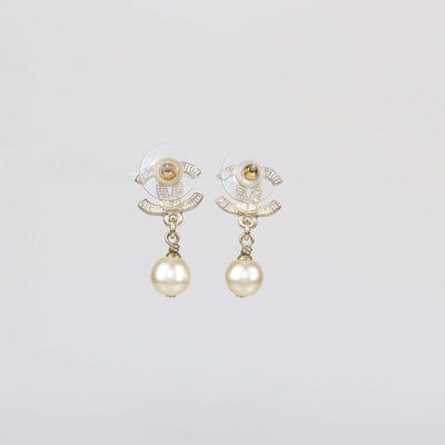 Chanel Gold Tone Faux Pearl CC Drop Earrings