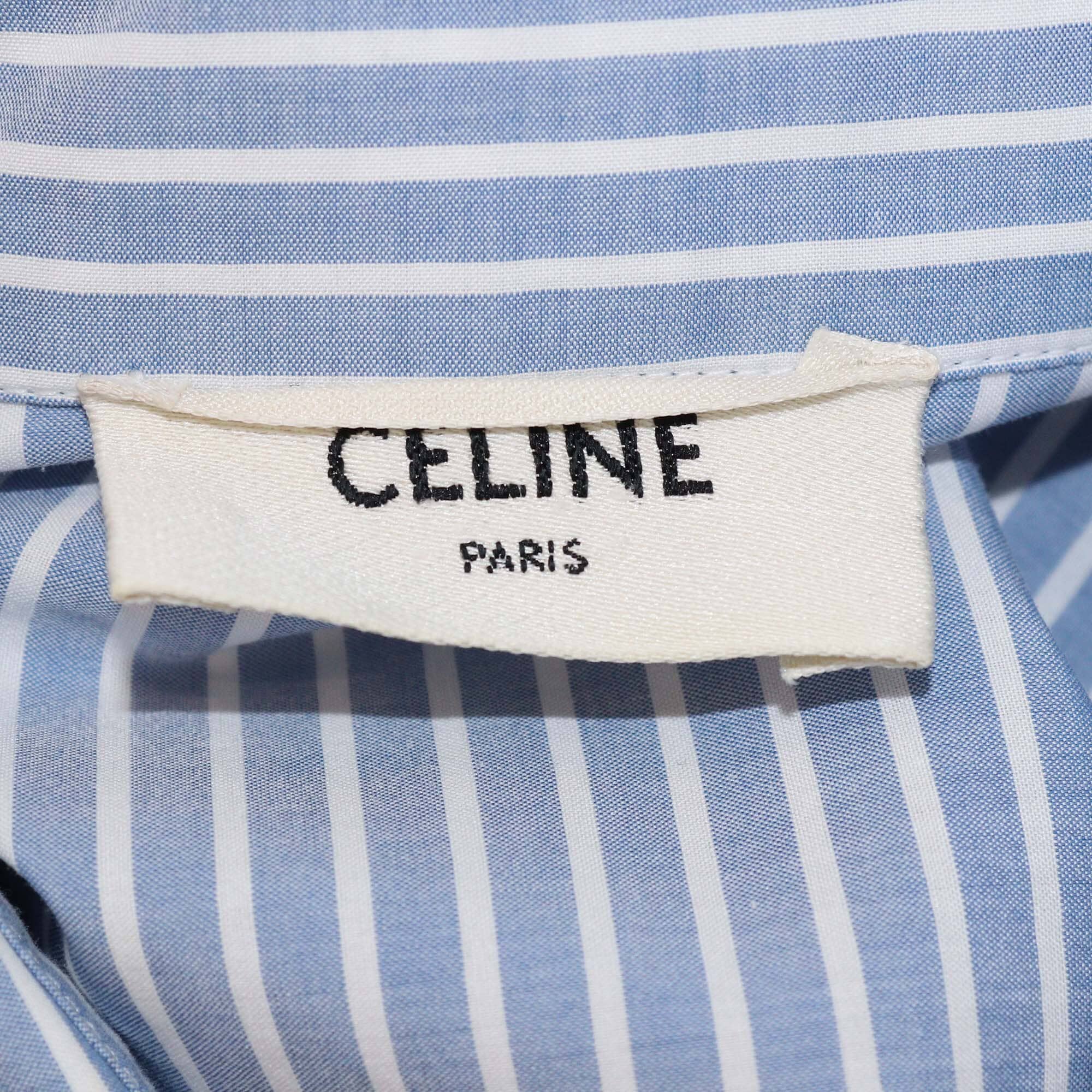 Celine Blue/White Striped Triomphe Pocket Embroidered Long Sleeve Shirt Womens Celine 