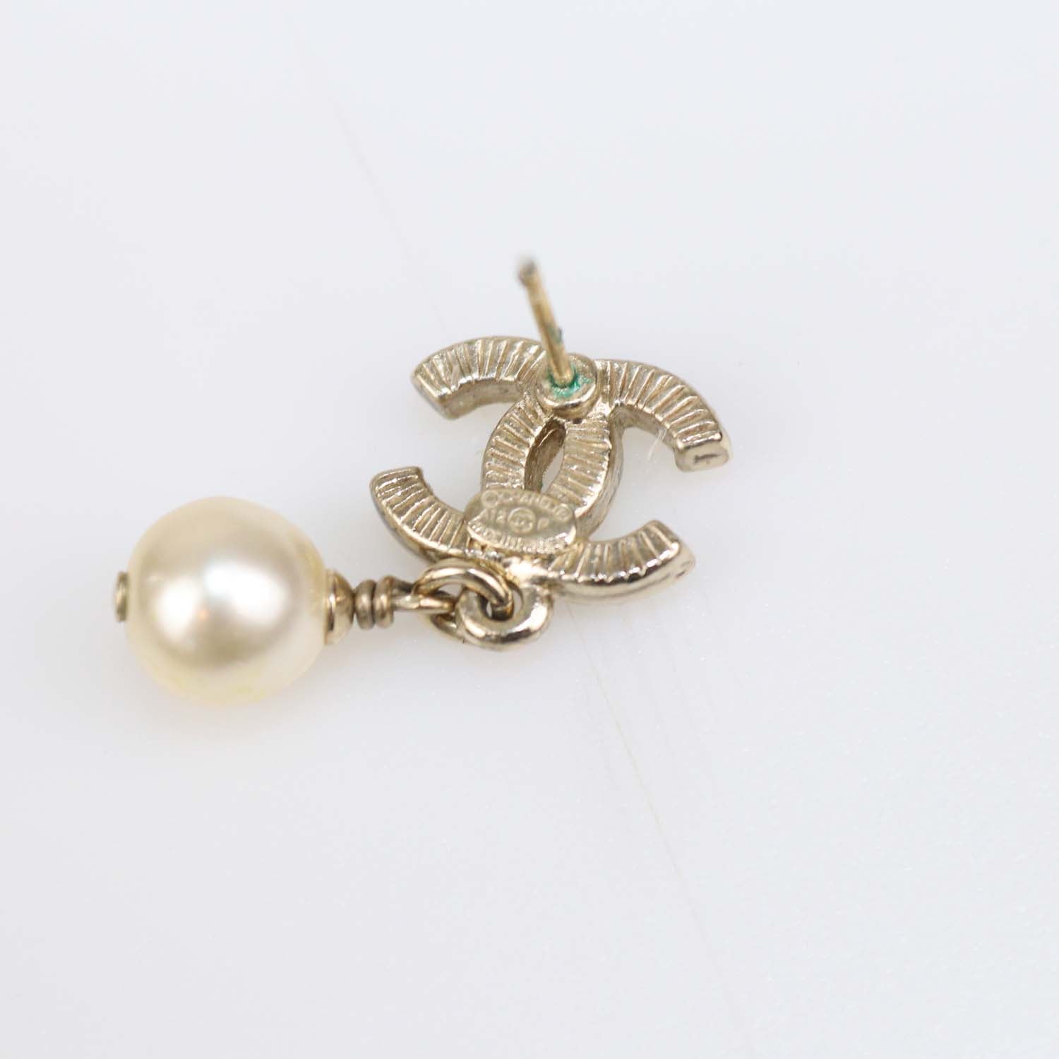 Chanel Gold Tone Faux Pearl CC Drop Earrings