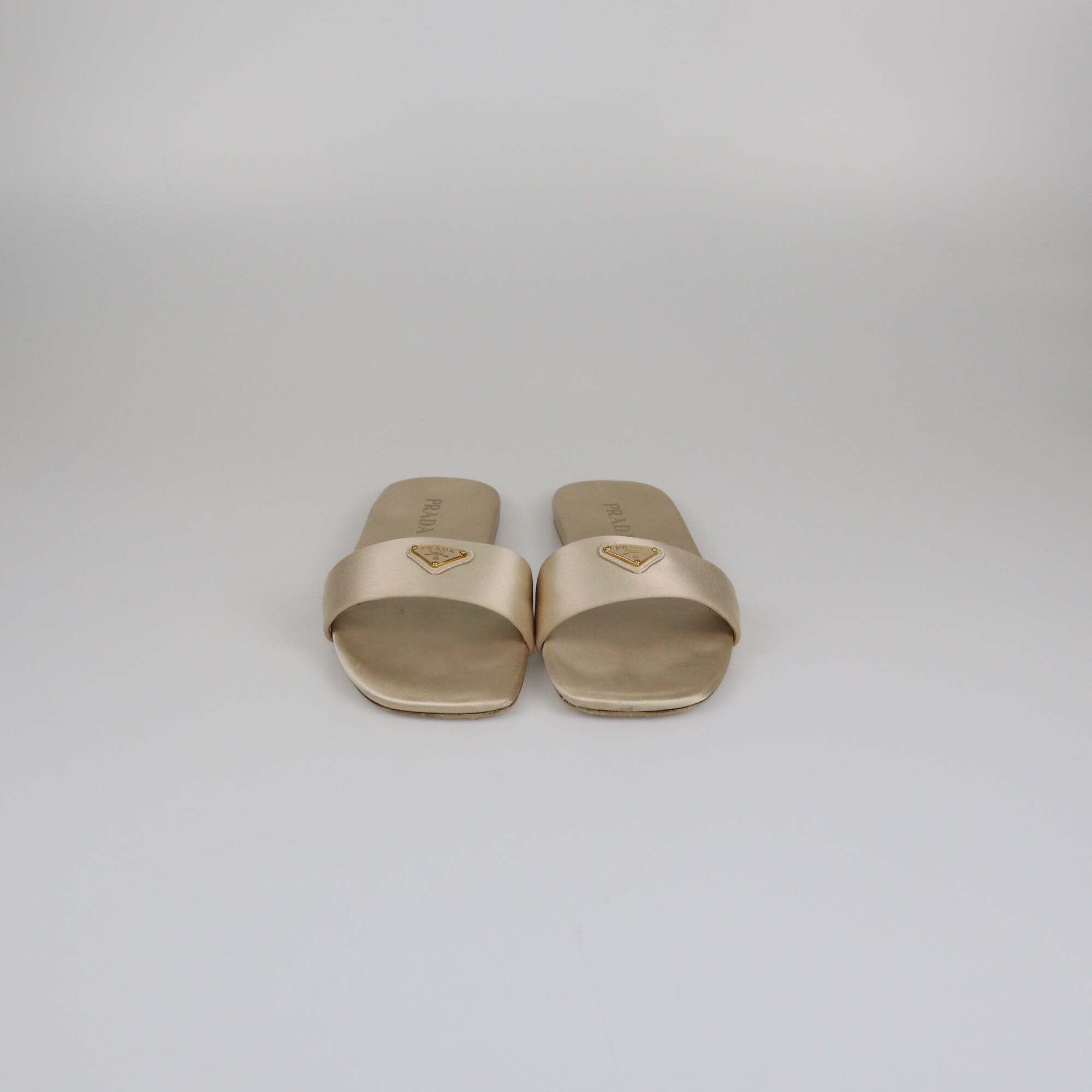 Prada Beige Triangle Logo Satin Flat Slide Womens Prada 