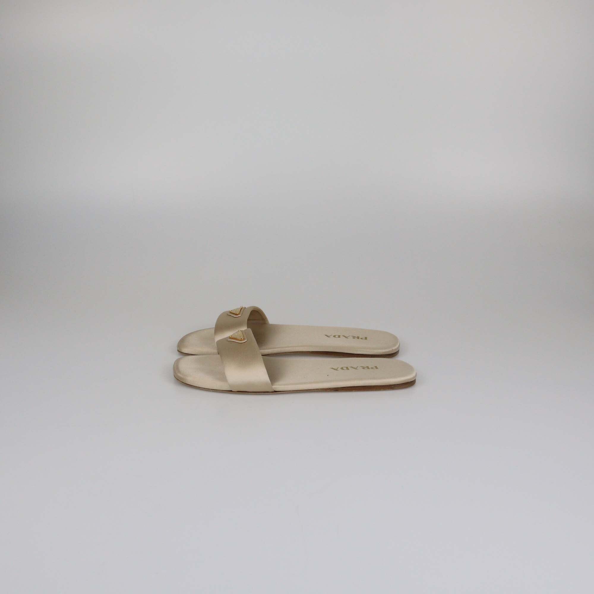 Prada Beige Triangle Logo Satin Flat Slide Womens Prada 