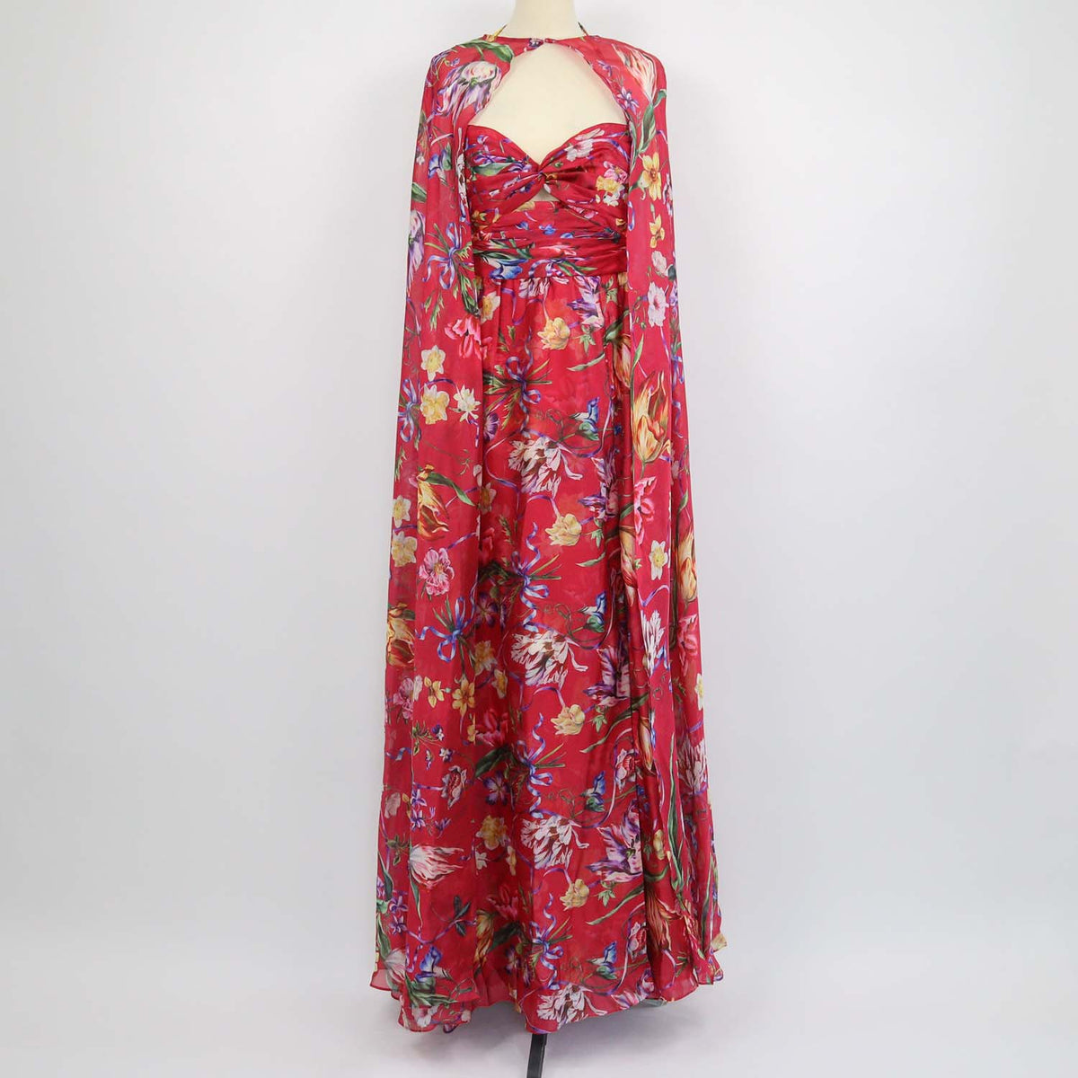 Marchesa Fuchsia,Multicolor Floral Sweetheart Cape Long Dress