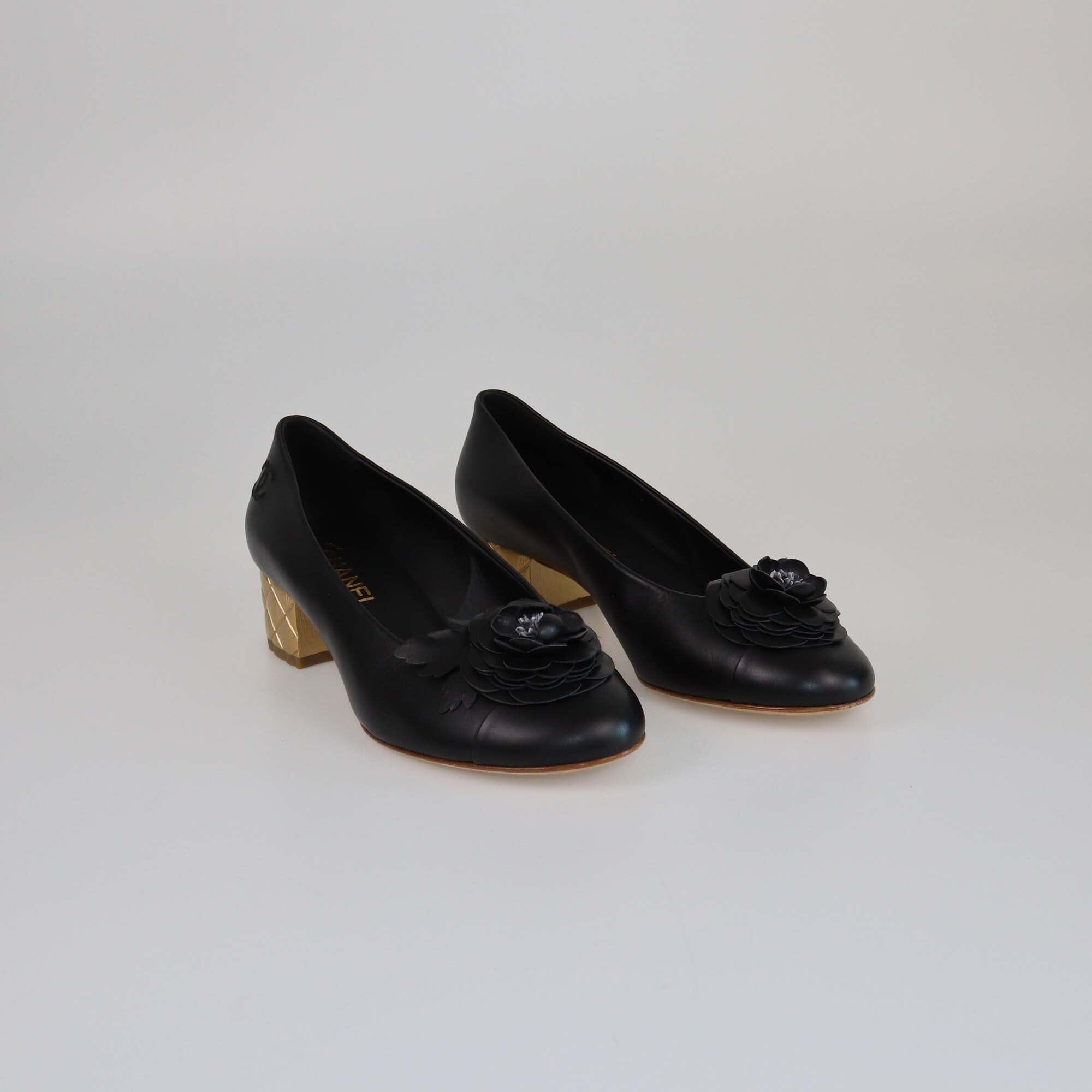 Chanel Black Camellia Cap Toe Heel Pumps Womens Chanel 