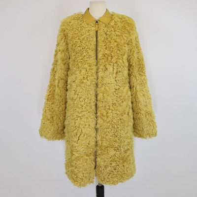 Longchamp Yellow Fur & Leather Collar Zip Front Coat