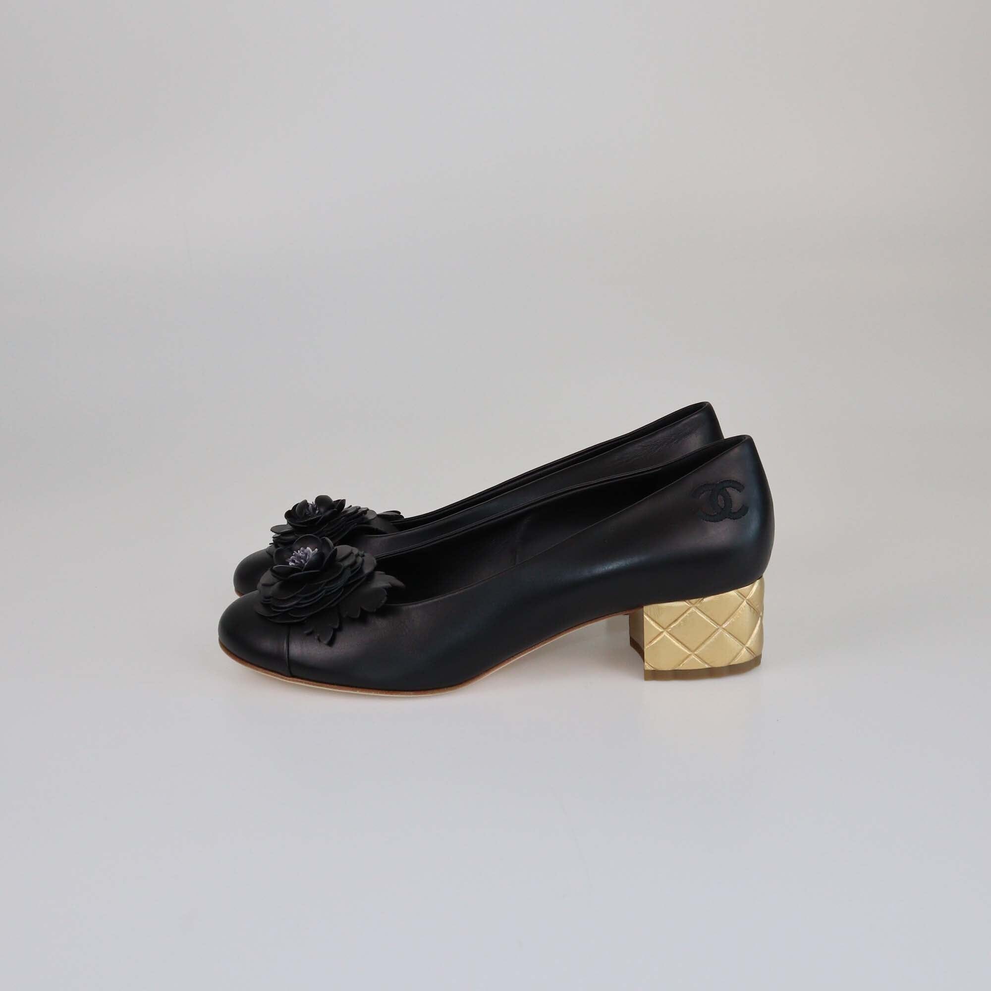 Chanel Black Camellia Cap Toe Heel Pumps Womens Chanel 