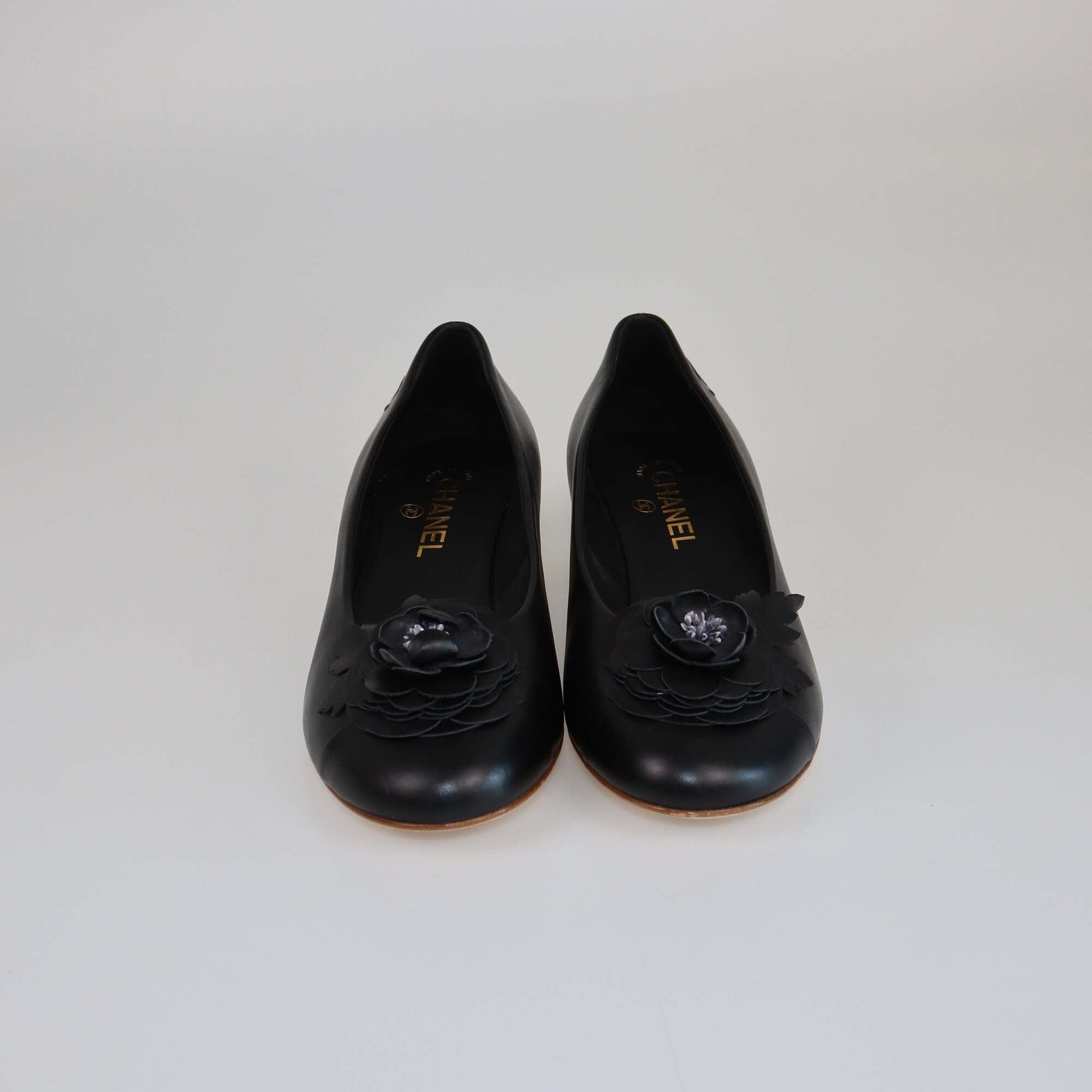 Chanel Black Camellia Cap Toe Heel Pumps Womens Chanel 