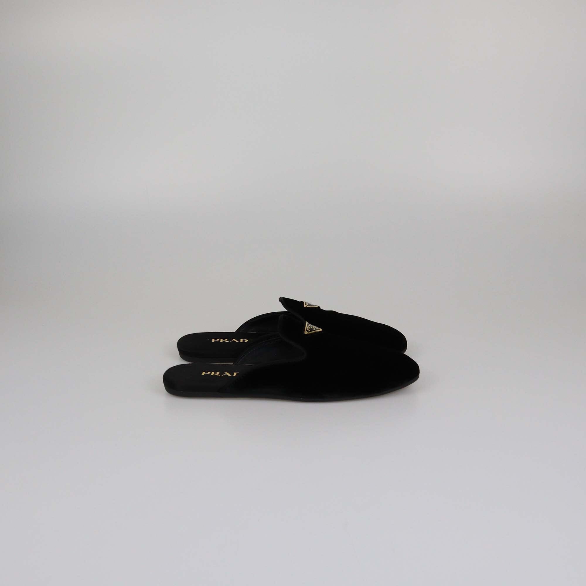 Prada Black Triangle Logo Velvet Flat Mules Womens Prada 