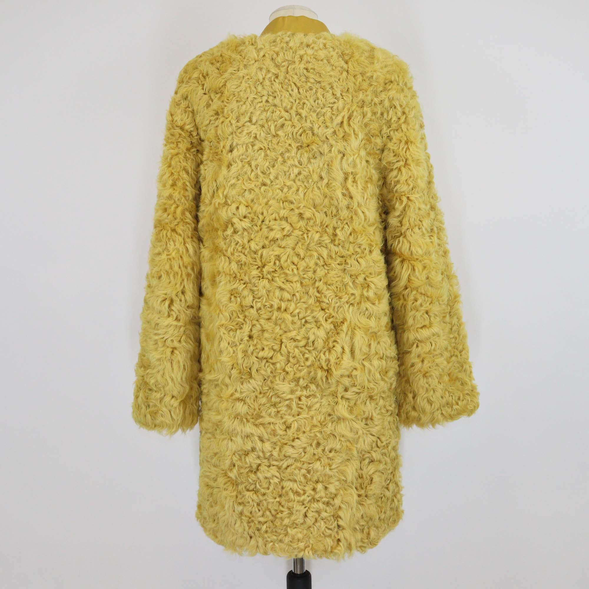 Longchamp Yellow Fur & Leather Collar Zip Front Coat