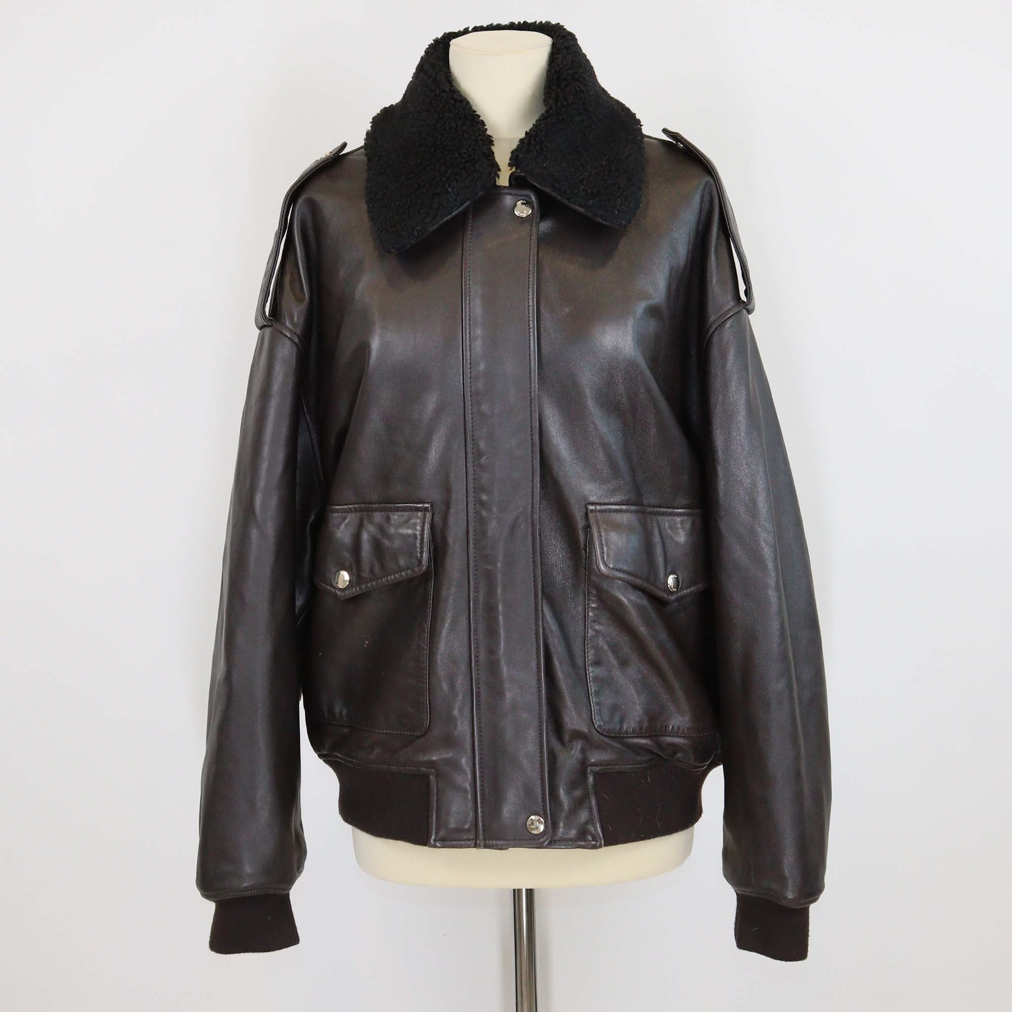Maje Brown Leather and Detachable Shearling Collar Jacket