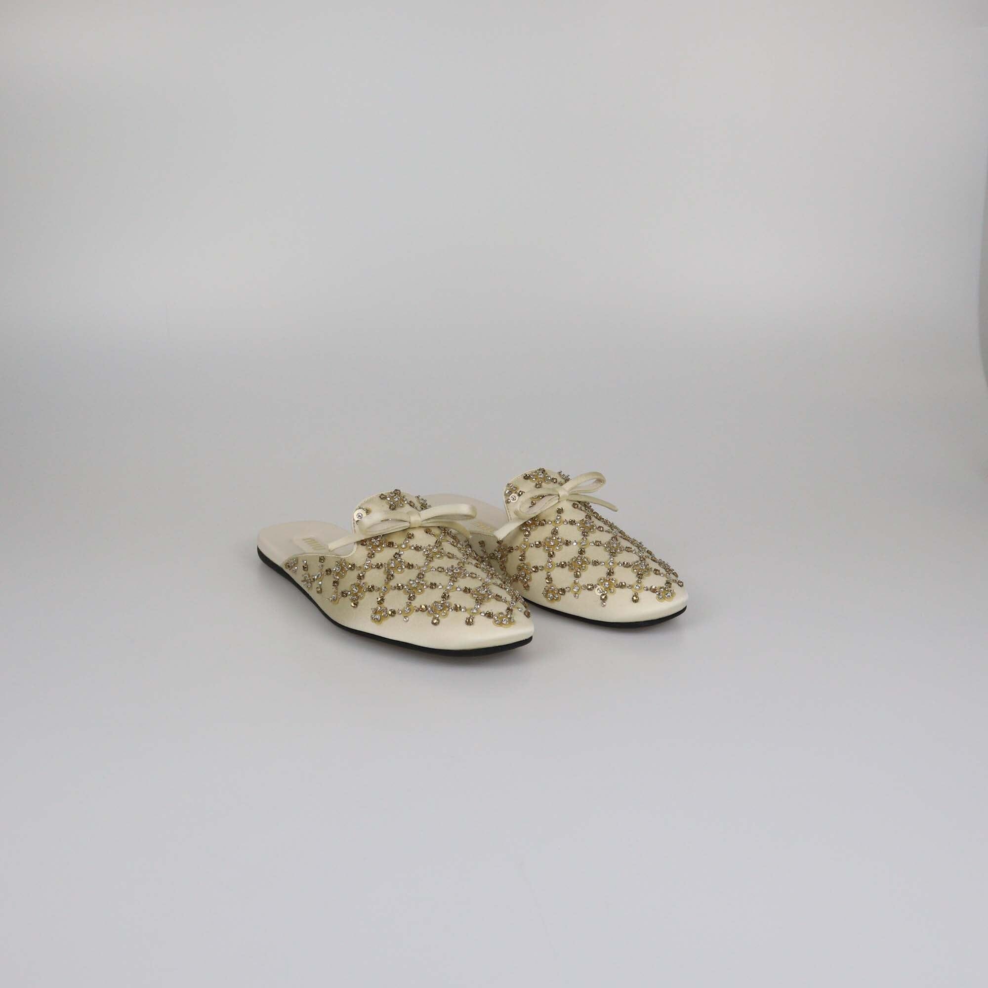 Miu Miu Beige Beaded Bow Slipper Flat Mules Womens Miu Miu 