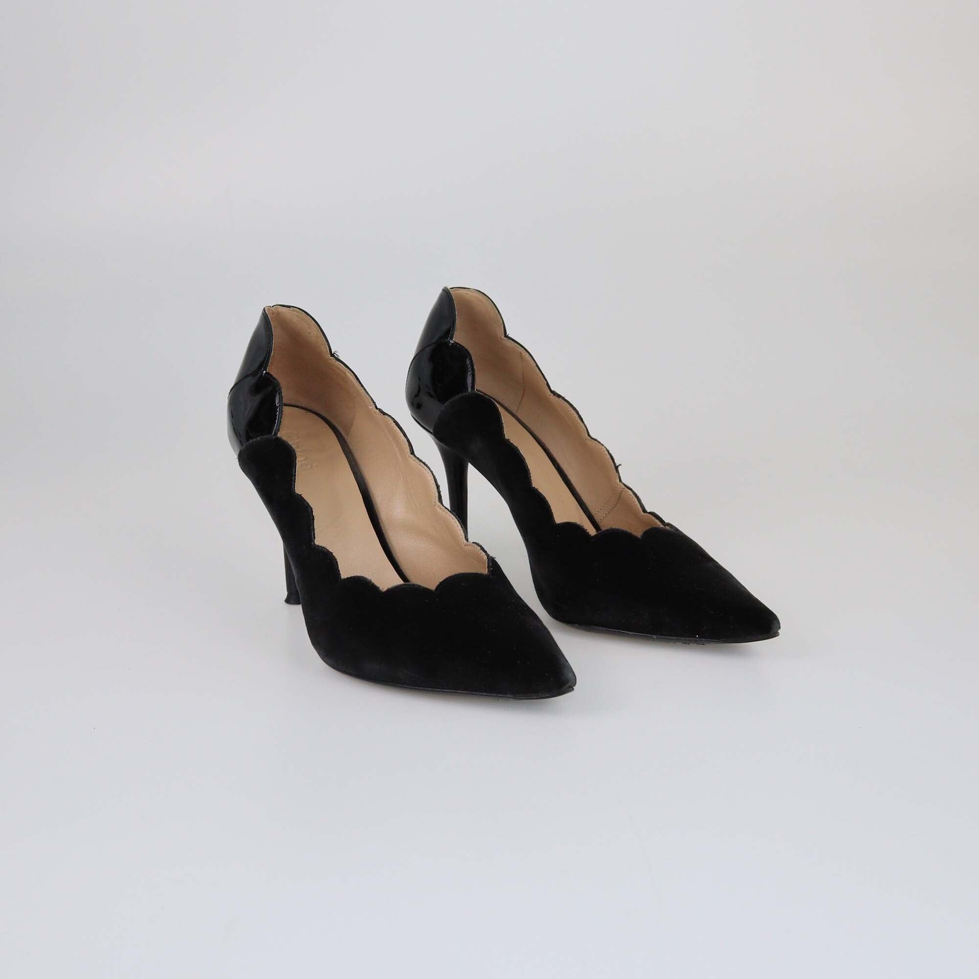 Chanel Black Scalloped Pointed Toe Pumps Womens Chloe 