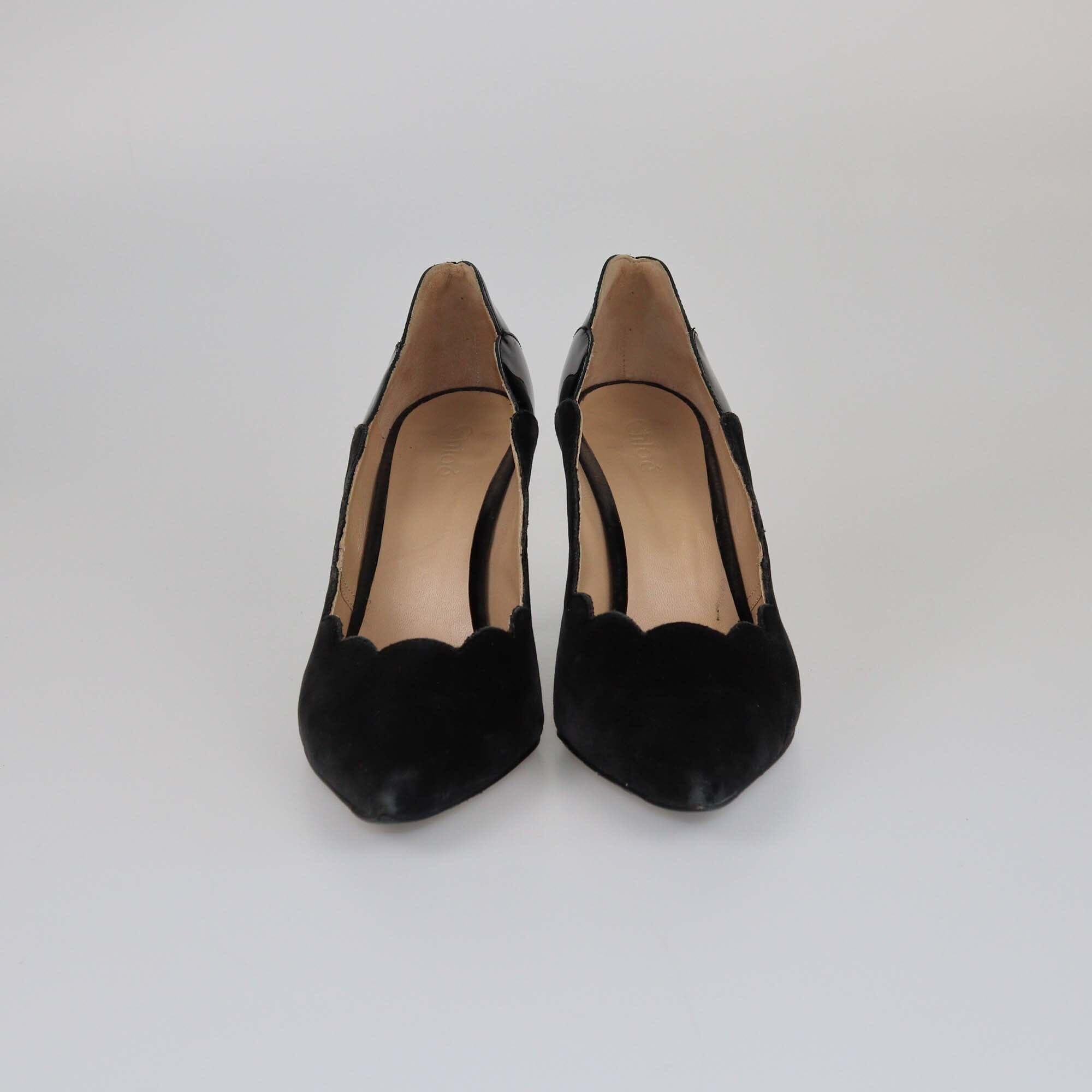 Chanel Black Scalloped Pointed Toe Pumps Womens Chloe 